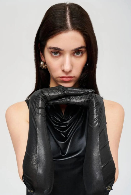 black long evening gloves styled with elegant outfit