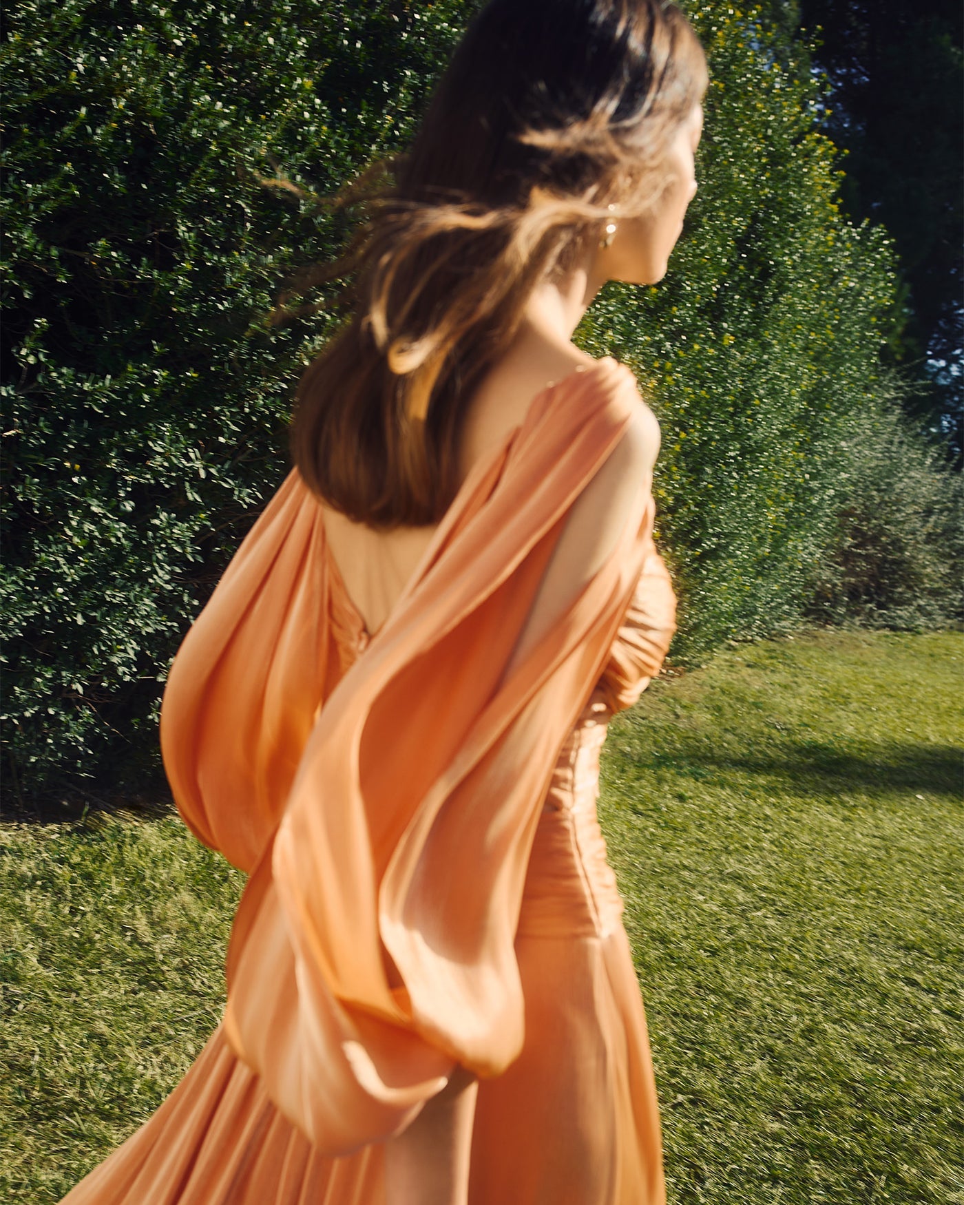 peach chiffon flowing cutout maxi dress