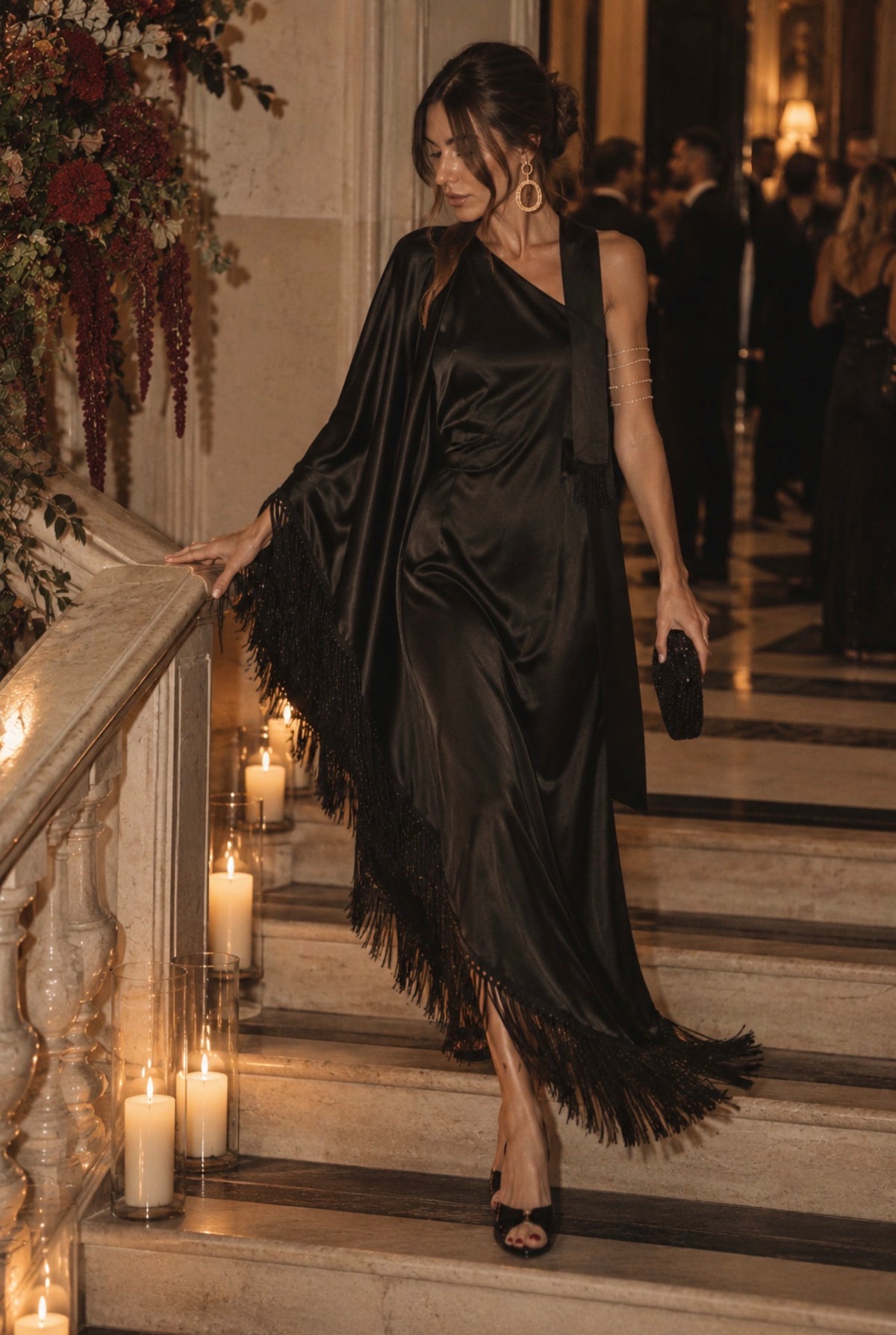 Alma Sanchez Anobi black one-shoulder fringe maxi dress. SOPHiEL
