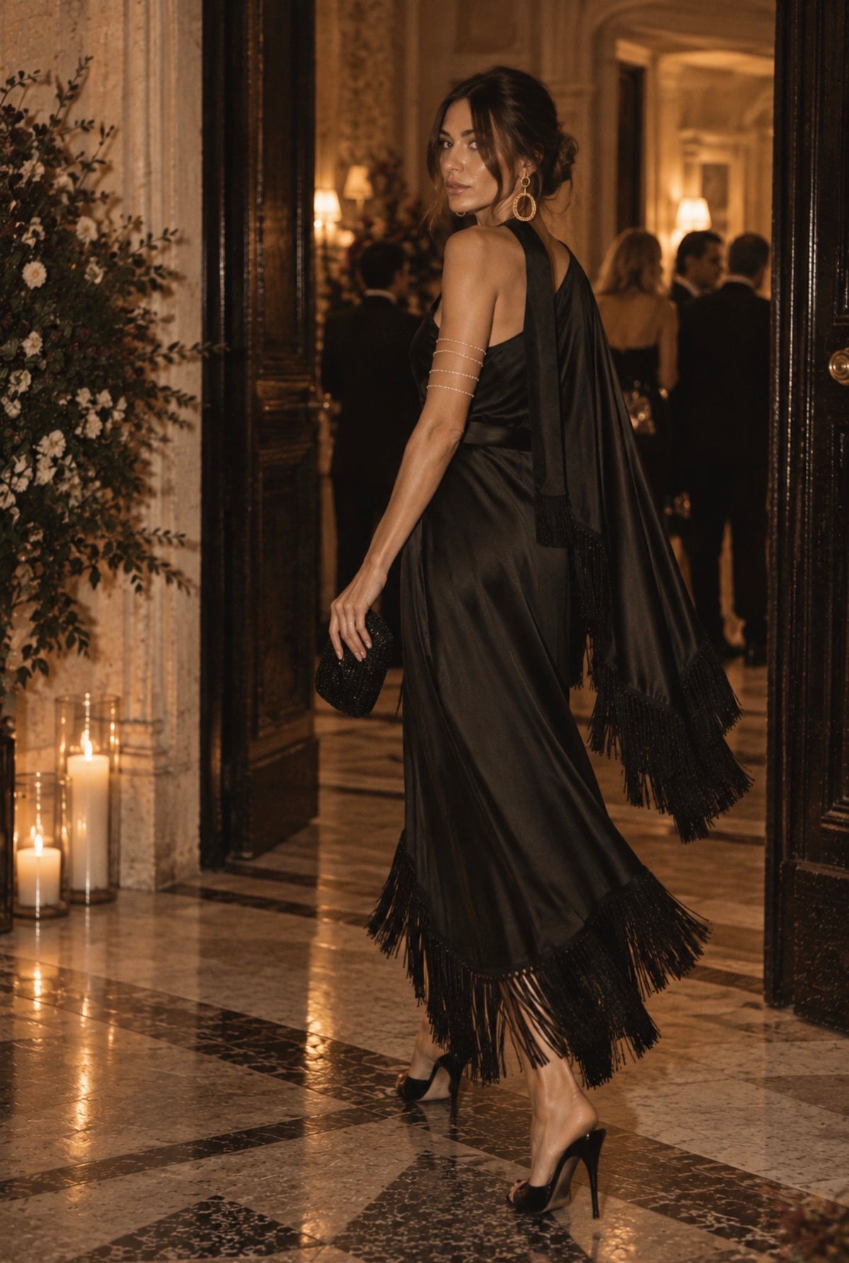 Alma Sanchez one-shoulder fringe maxi dress back view