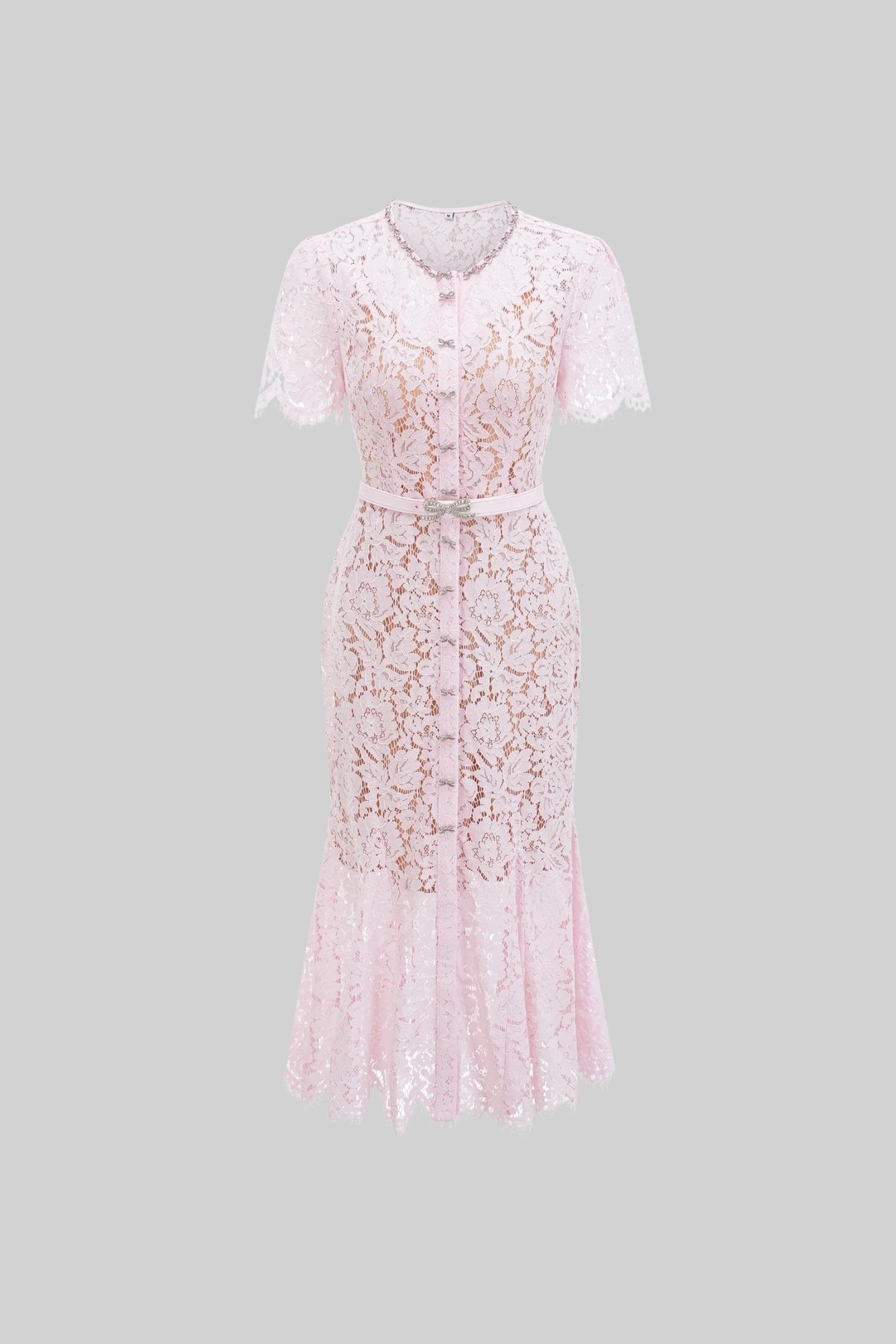 CELINE Pink Lace Belted Midi Dress