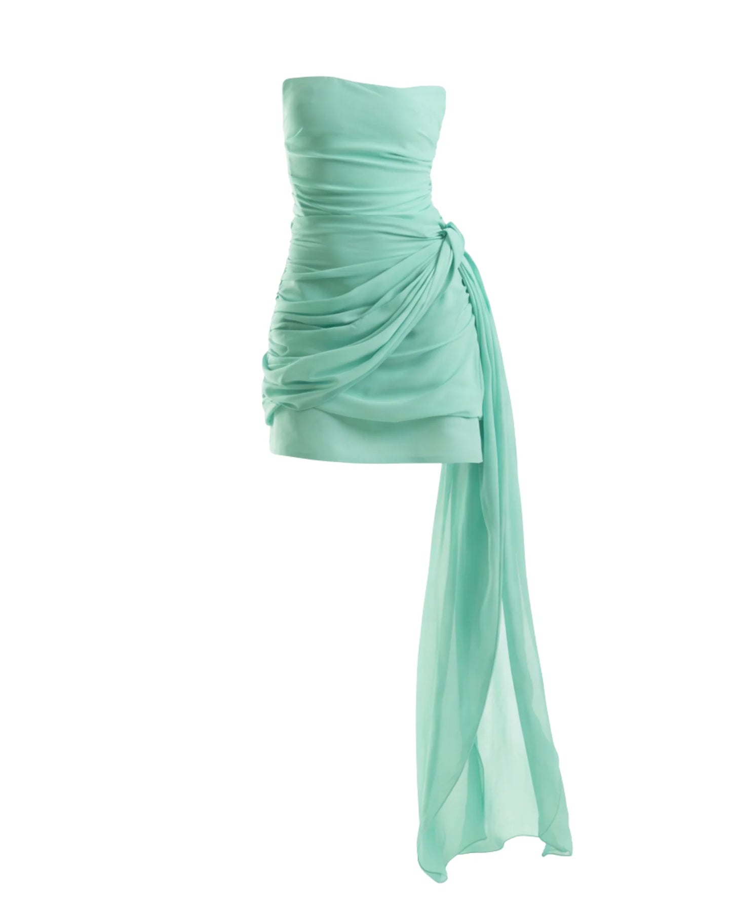 TALA turquoise occasion mini dress with elegant draping and statement sash.