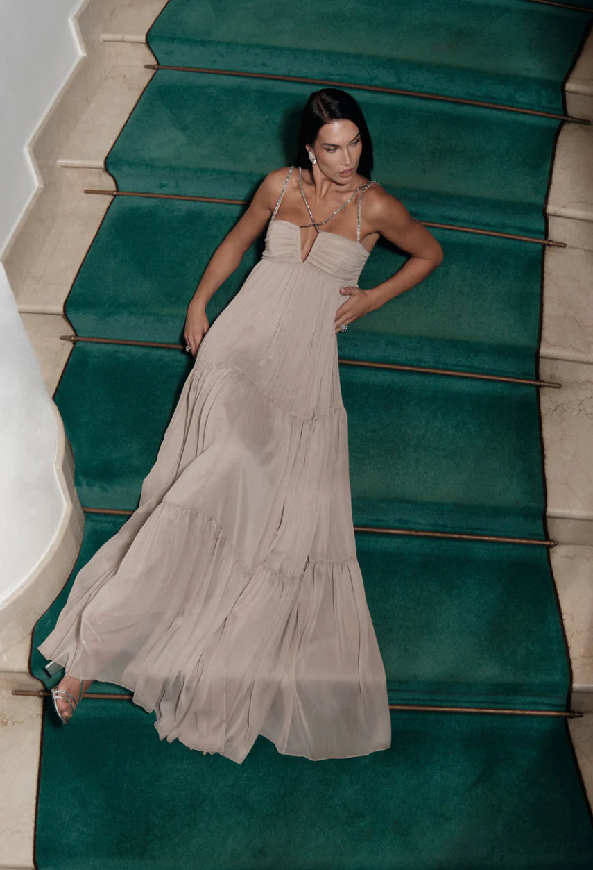 flowing nude chiffon evening dress sophiel