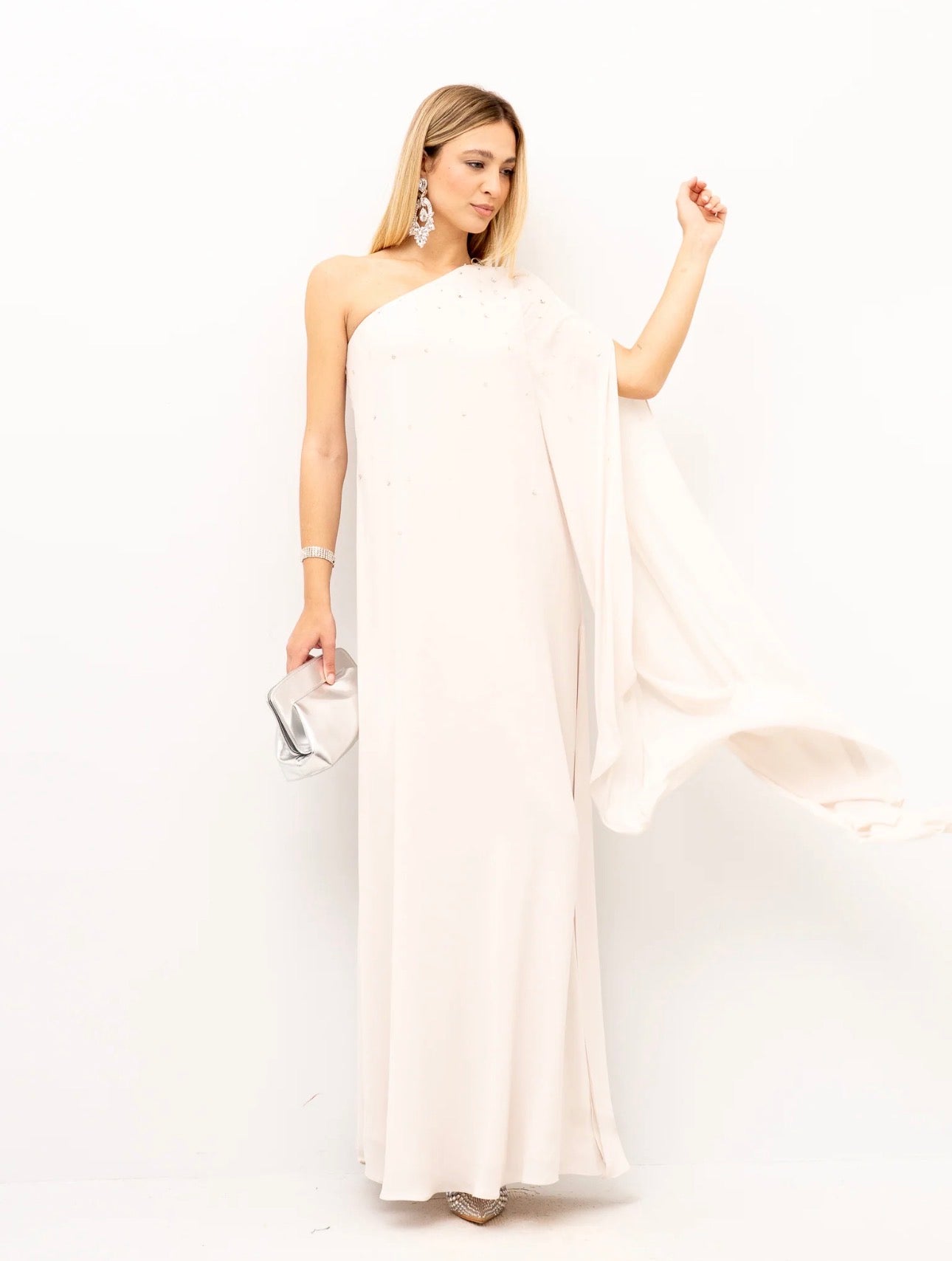 one shoulder white maxi dress flowy silhouette SOPHiEL
