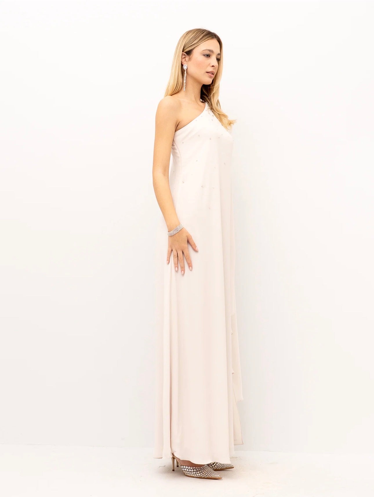 elegant ivory one shoulder gown draped gown