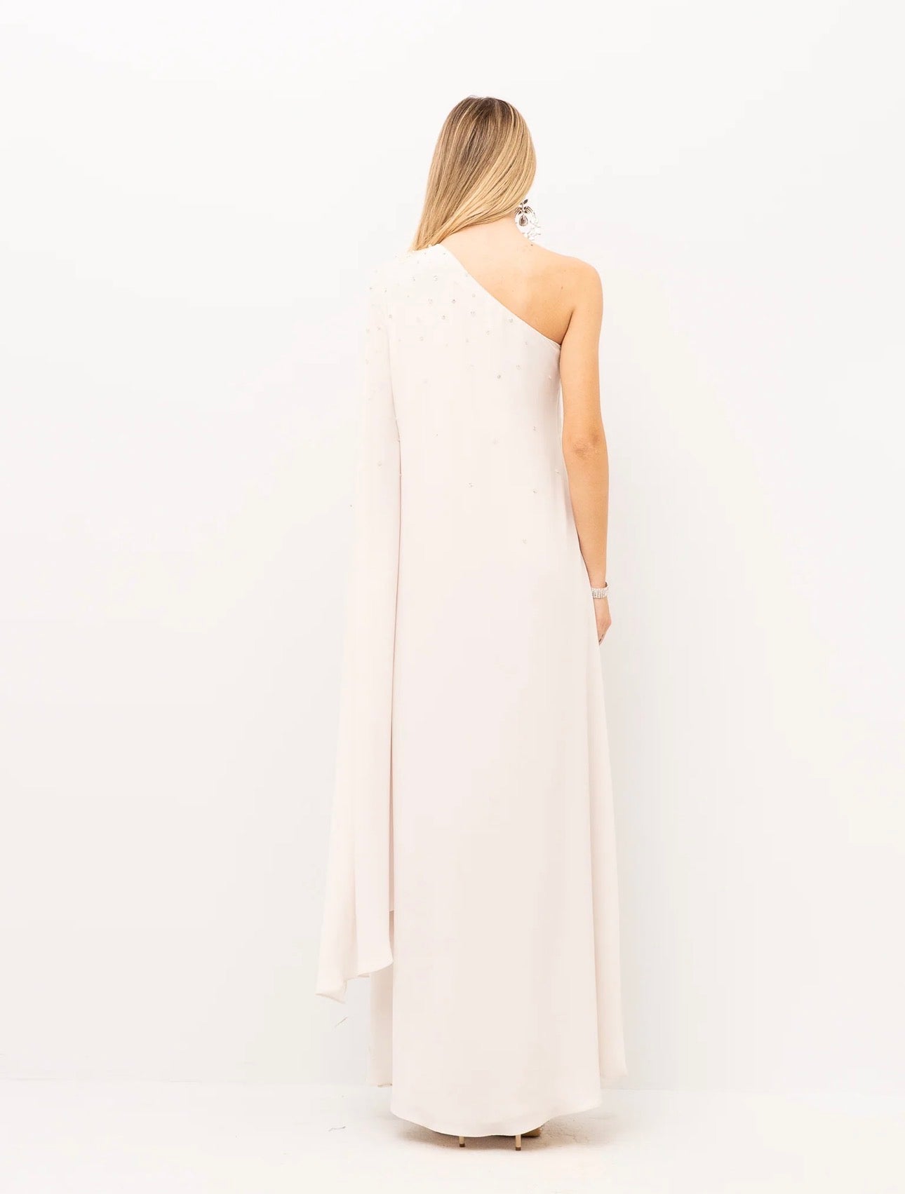 elegant ivory gown draped sleeve detail back view sophiel