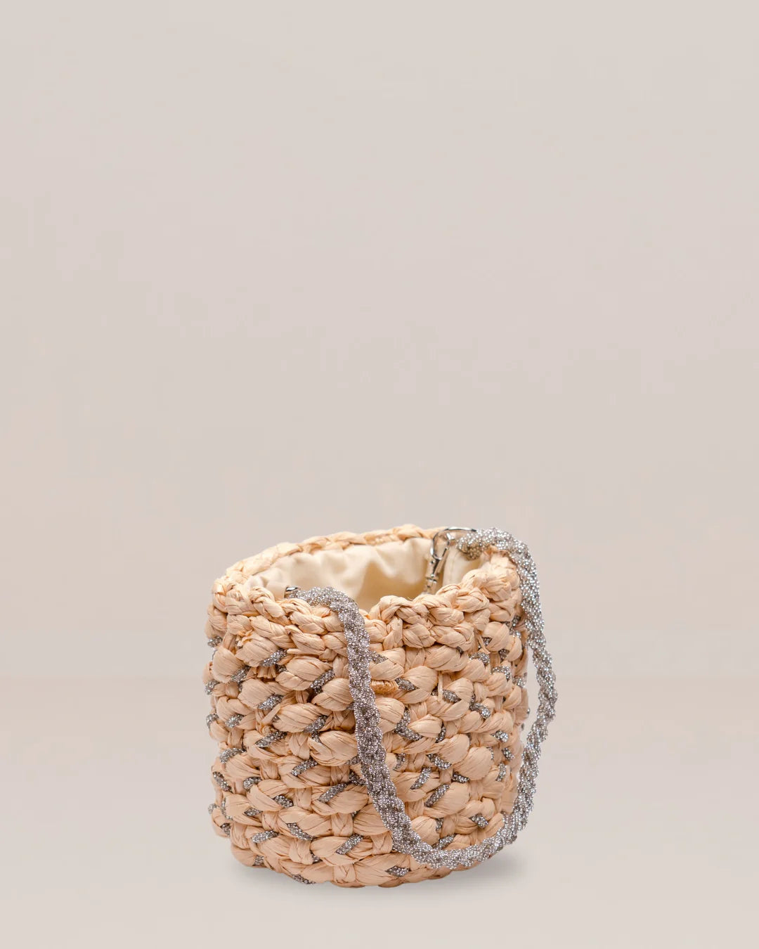 Braided Raffia Mini Bucket Bag with Metallic Detail