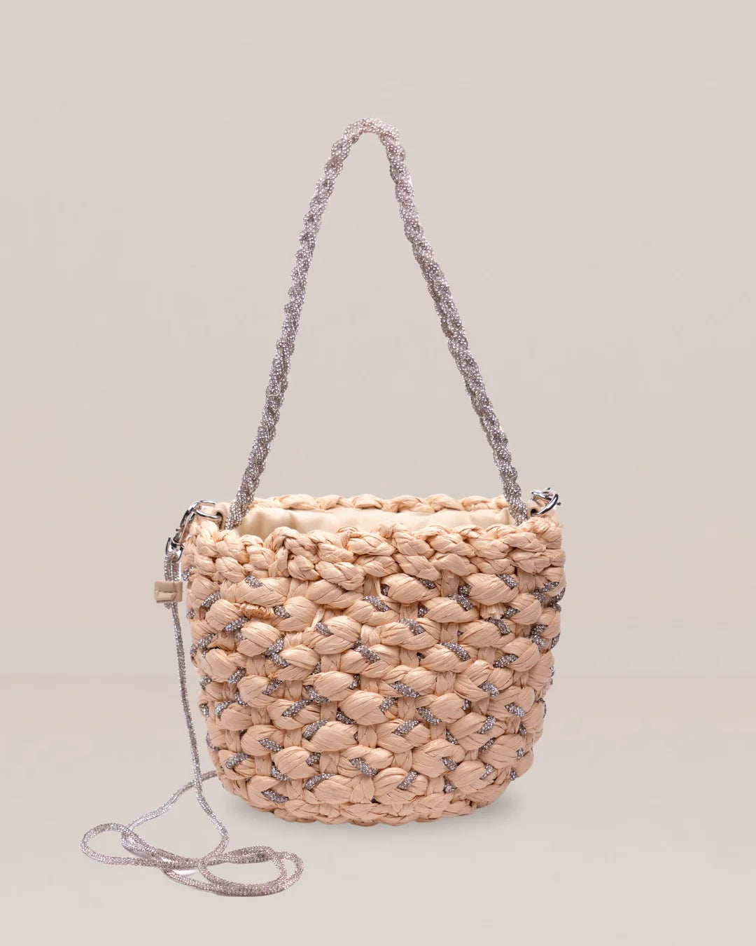 Braided Raffia Mini Bucket Bag with Metallic Detail