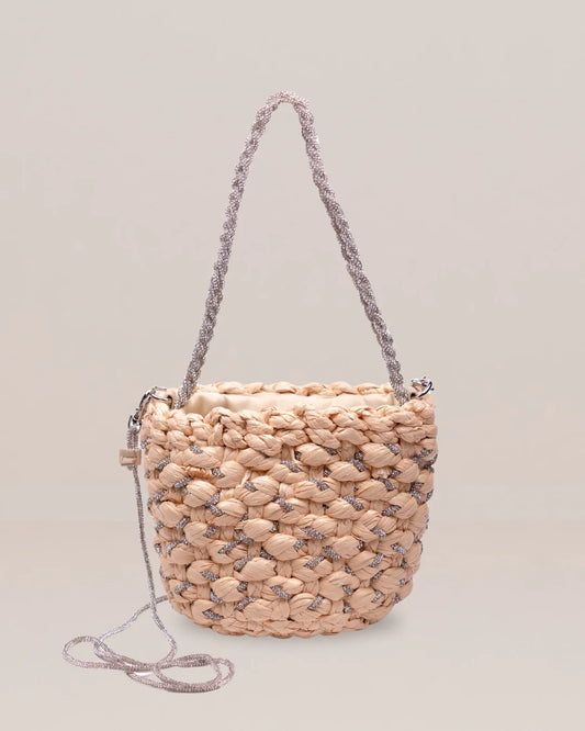 Braided Raffia Mini Bucket Bag with Metallic Detail