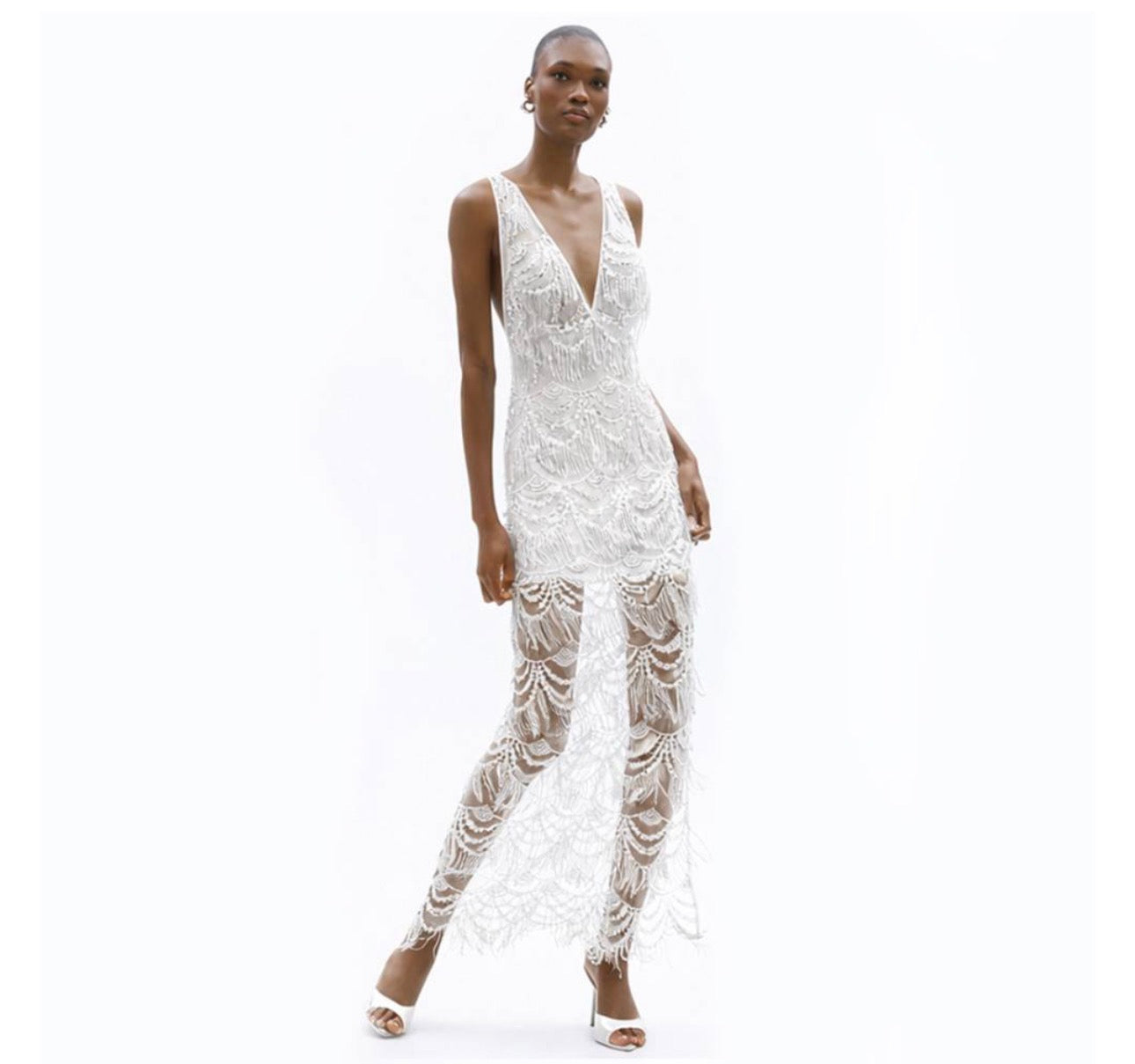 White Beaded Lace Evening Dress