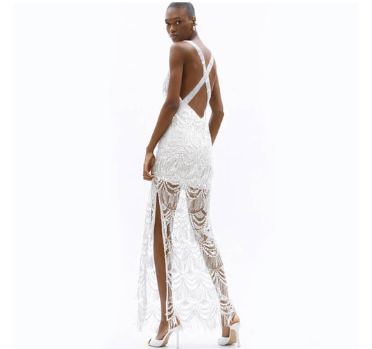 White Beaded Lace Evening Dress