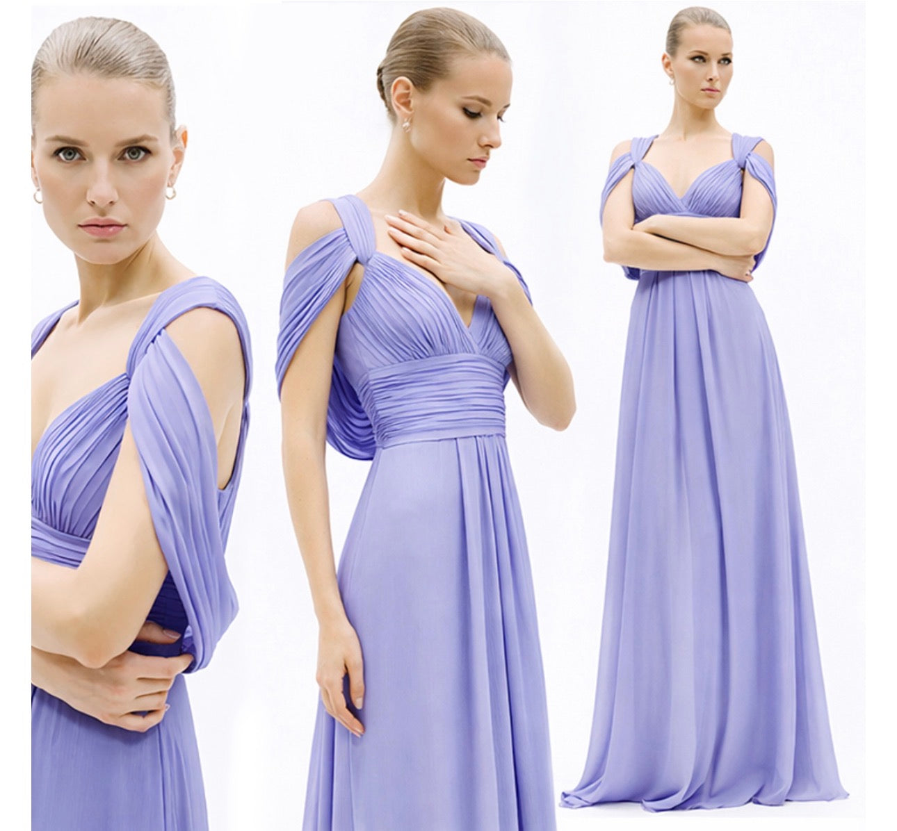 Lavender chiffon maxi dress featuring a removable cape scarf and elegant floor-length silhouette.