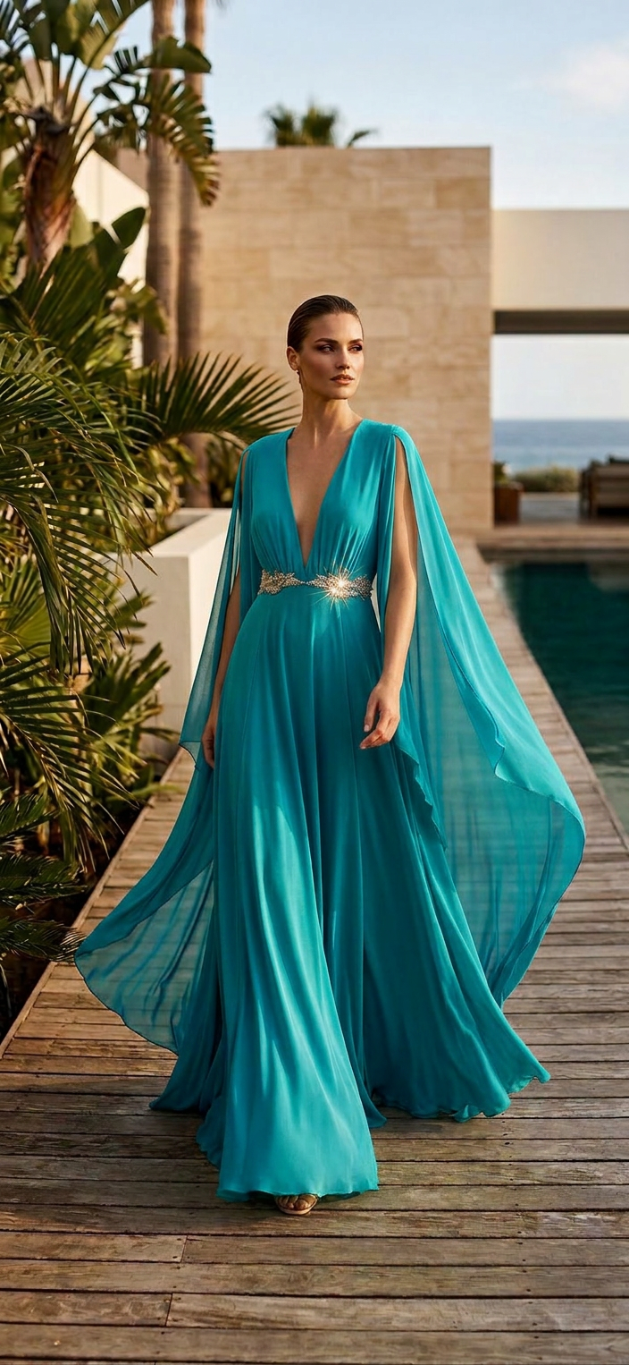 Aqua kimono sleeve maxi gown SOPHiEL