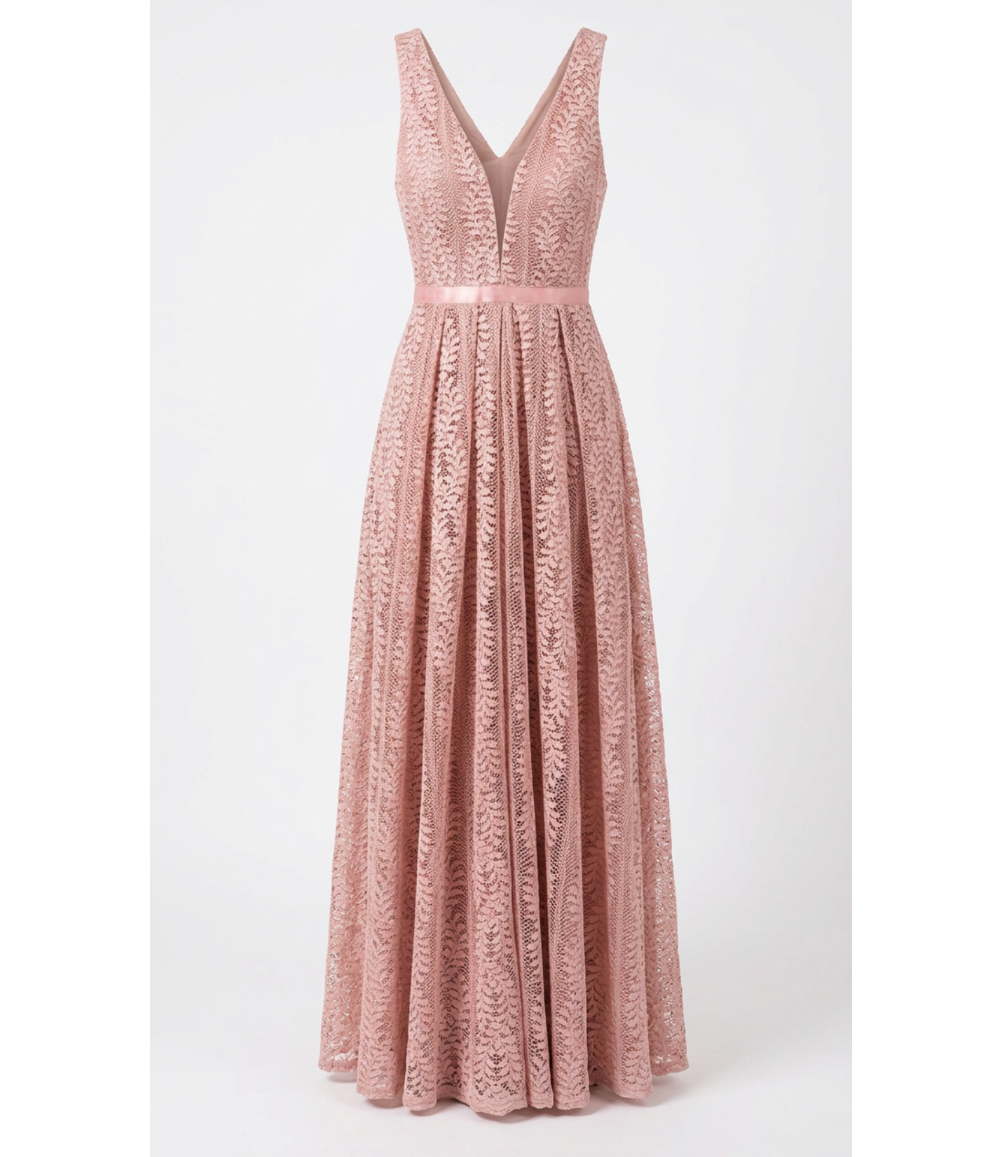 Elegant blush pink lace maxi dress with deep V neckline by SOPHiEL