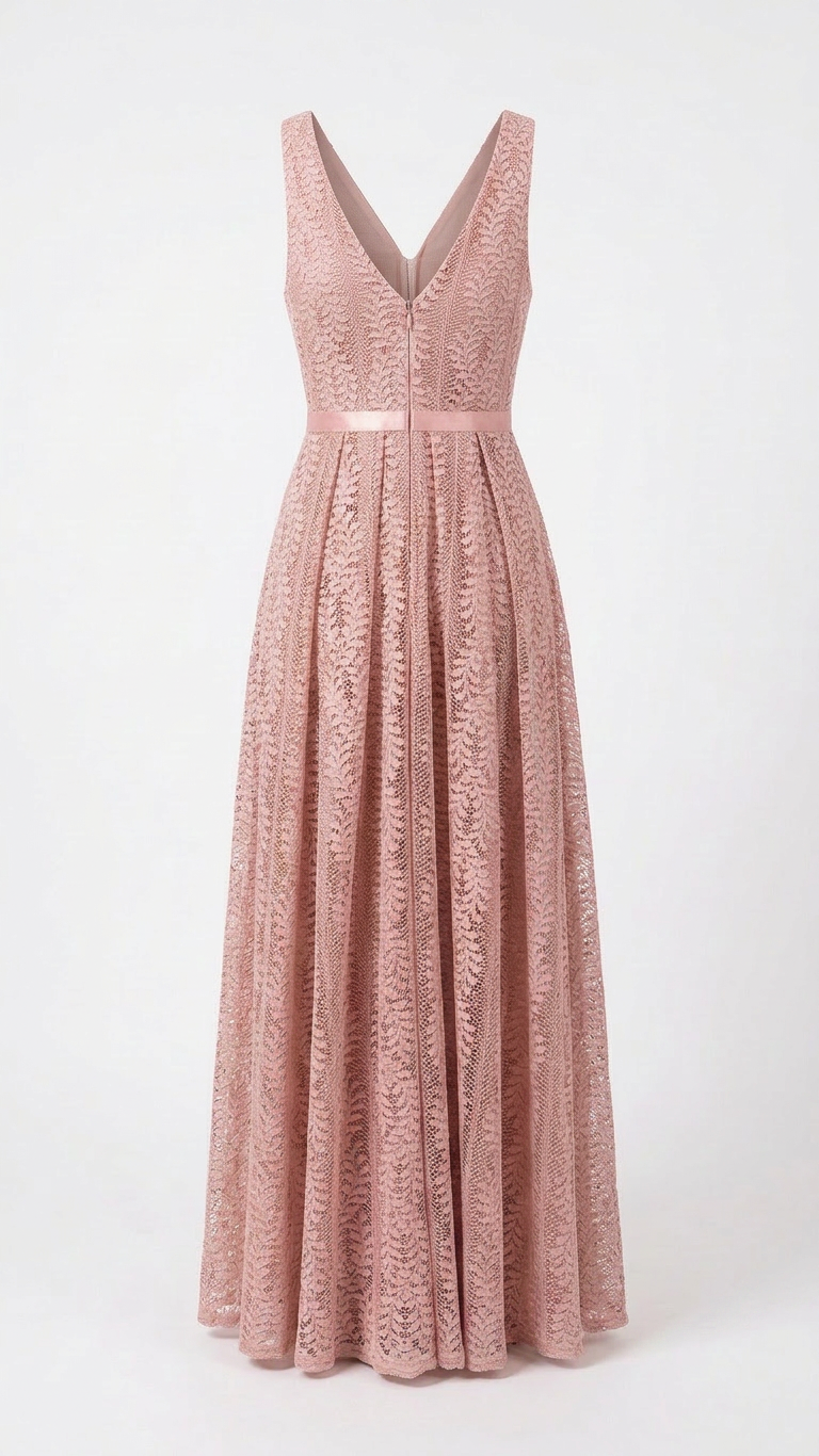 Back view of blush pink lace maxi occasion dress with flowing silhouette