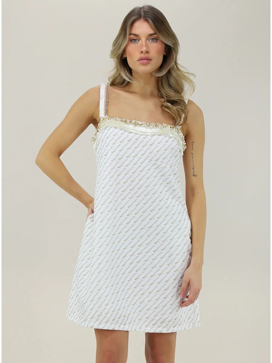 White Knit Mini Dress with Gold Thread Detail