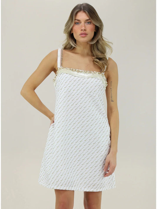 White Knit Mini Dress with Gold Thread Detail
