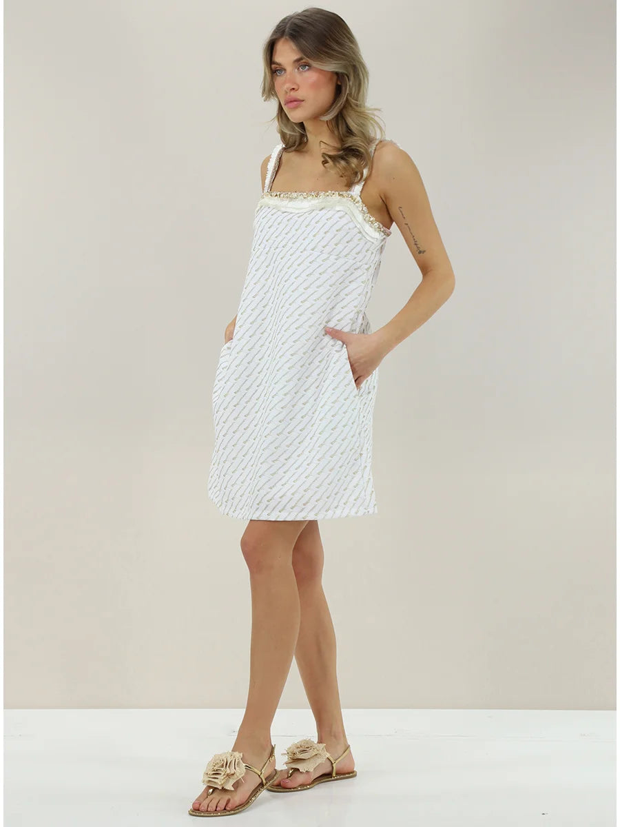 White Knit Mini Dress with Gold Thread Detail