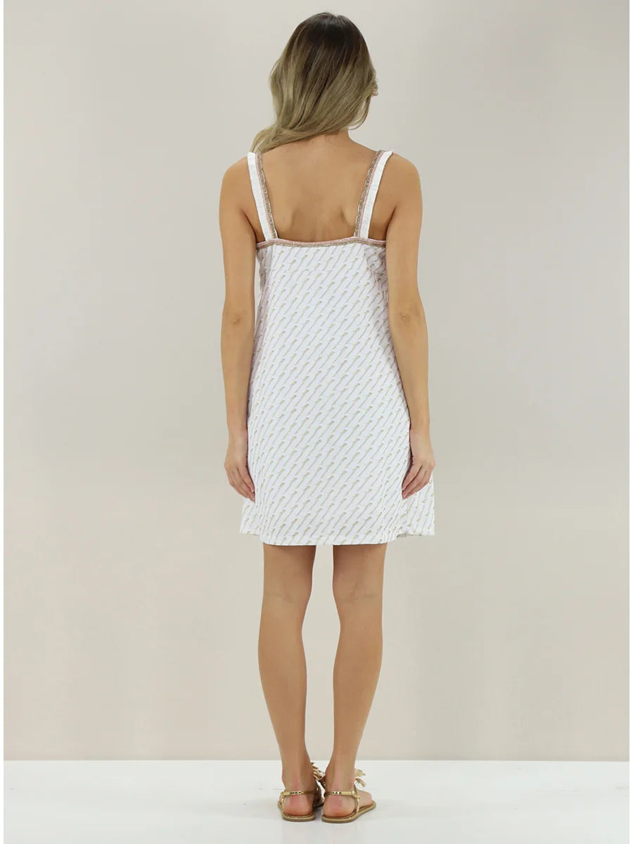 White Knit Mini Dress with Gold Thread Detail