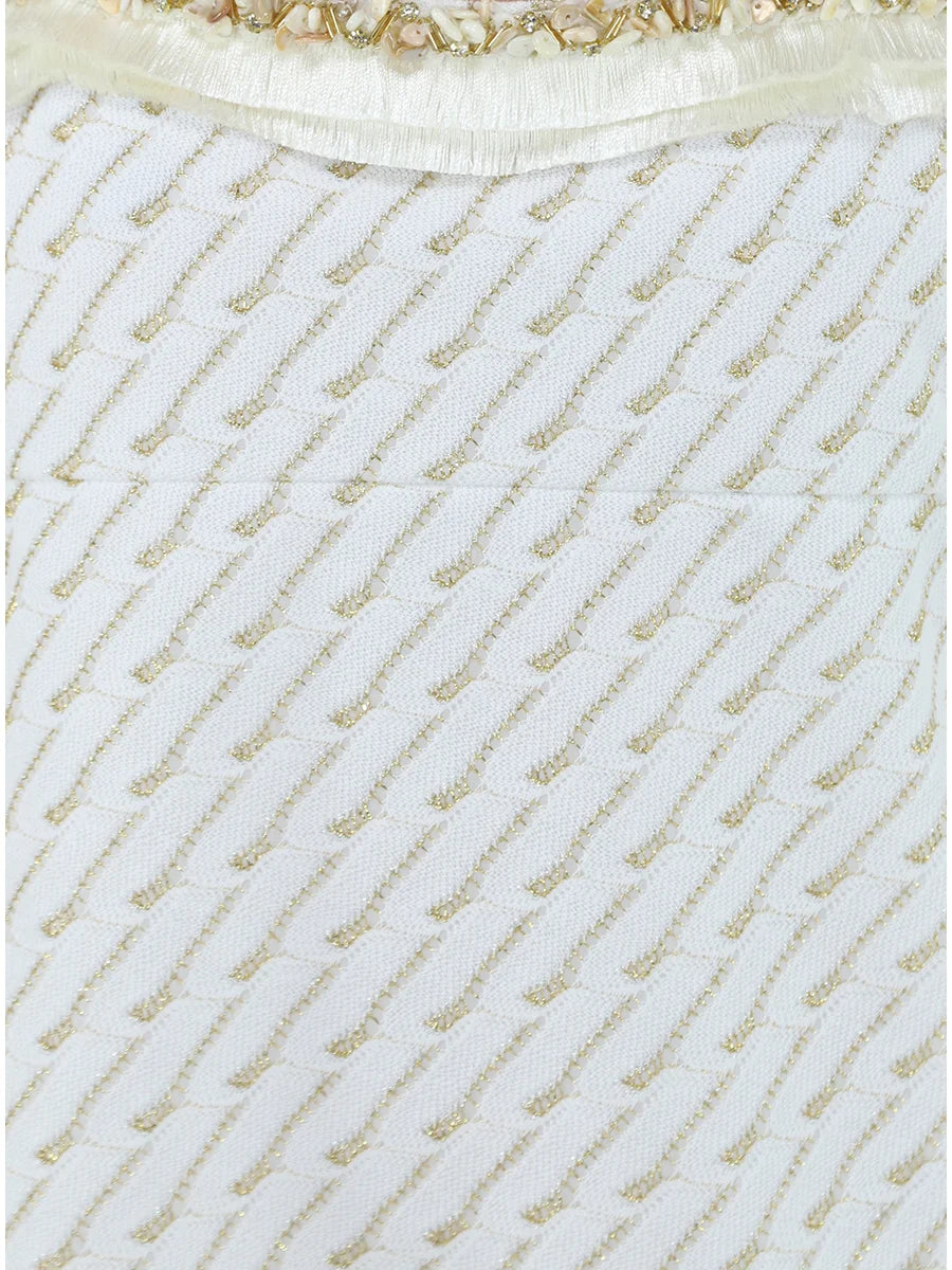 White Knit Mini Dress with Gold Thread Detail