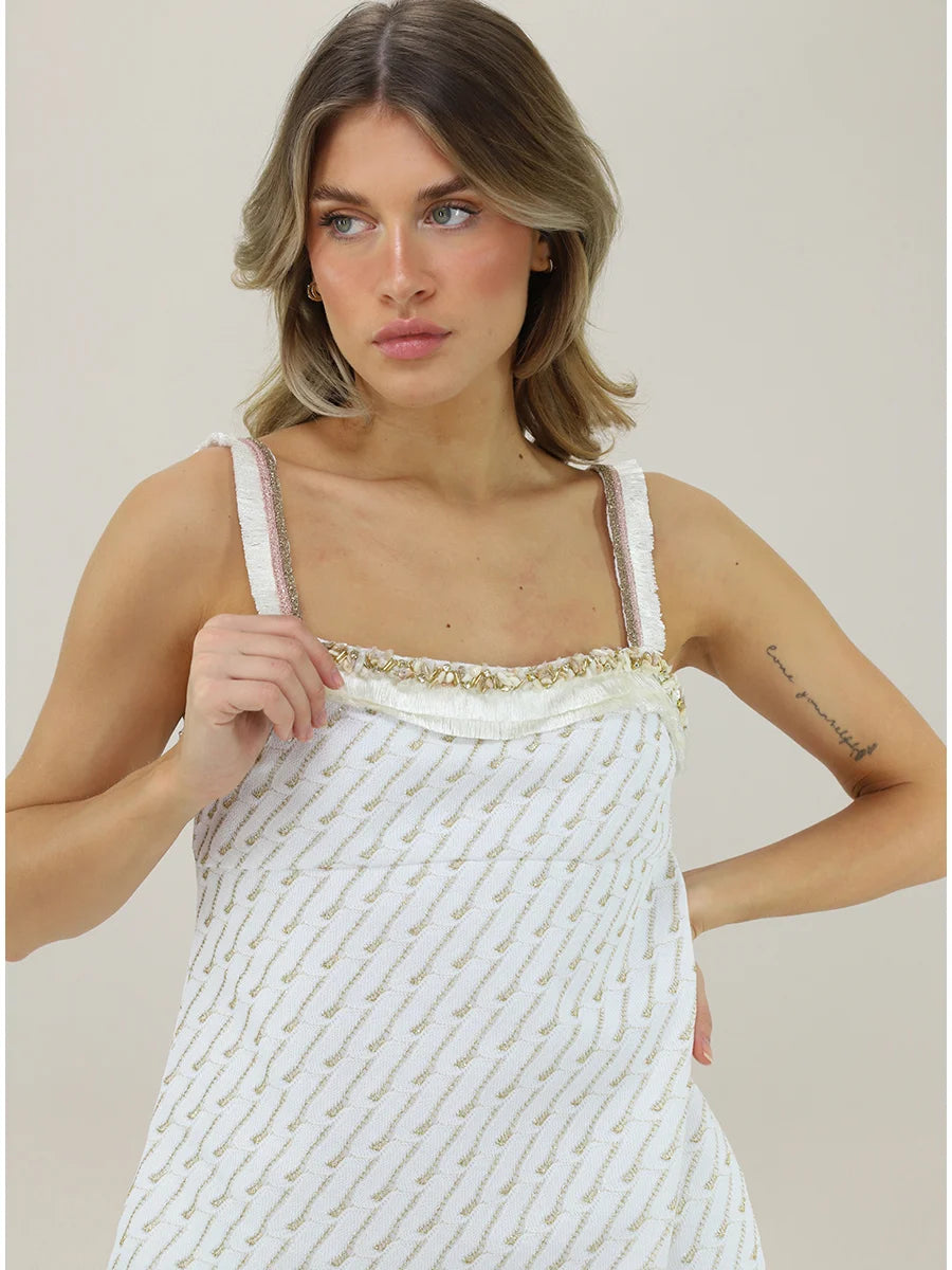White Knit Mini Dress with Gold Thread Detail