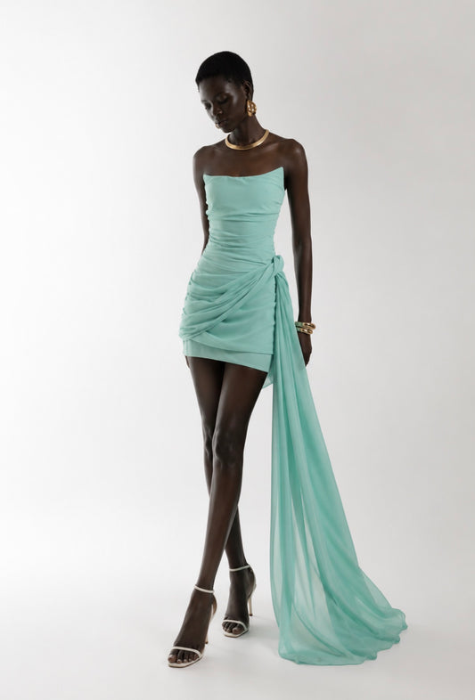 TALA turquoise occasion mini dress with elegant draping and statement sash.