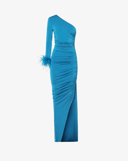 One-Shoulder Evening Dress with Feathers
