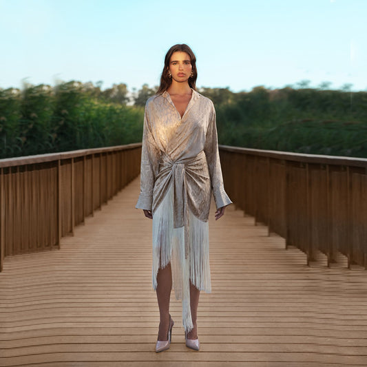 Front view beige shirt dress with fringe detail SOPHiEL