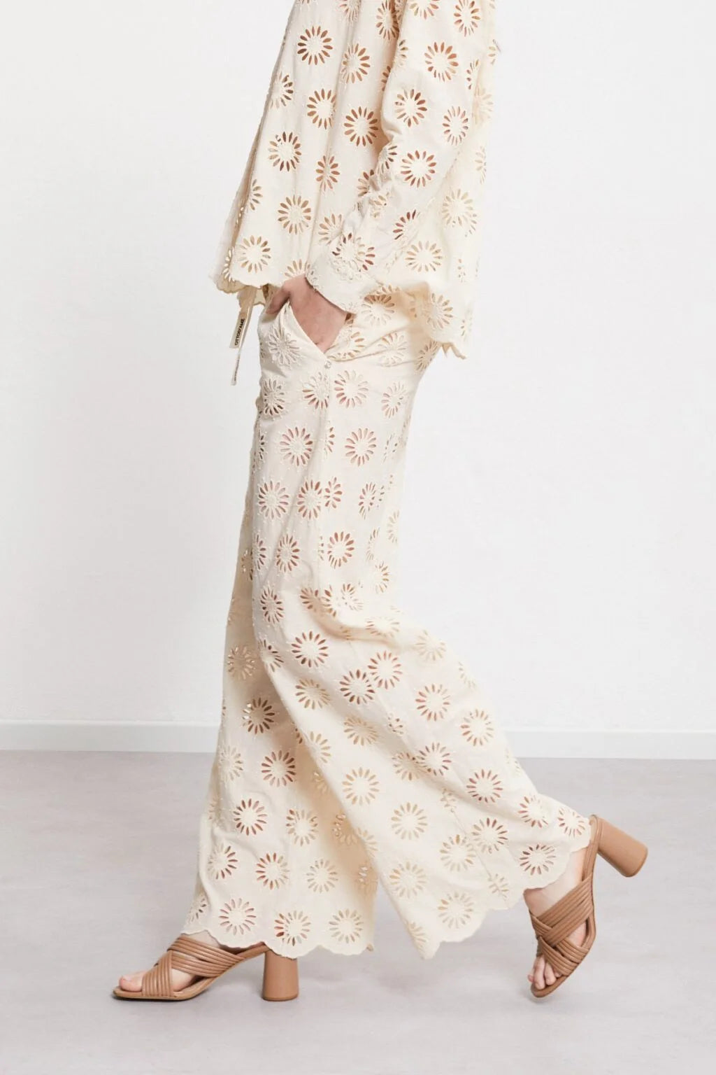 Cotton Cutwork Embroidered Wide-Leg Pants