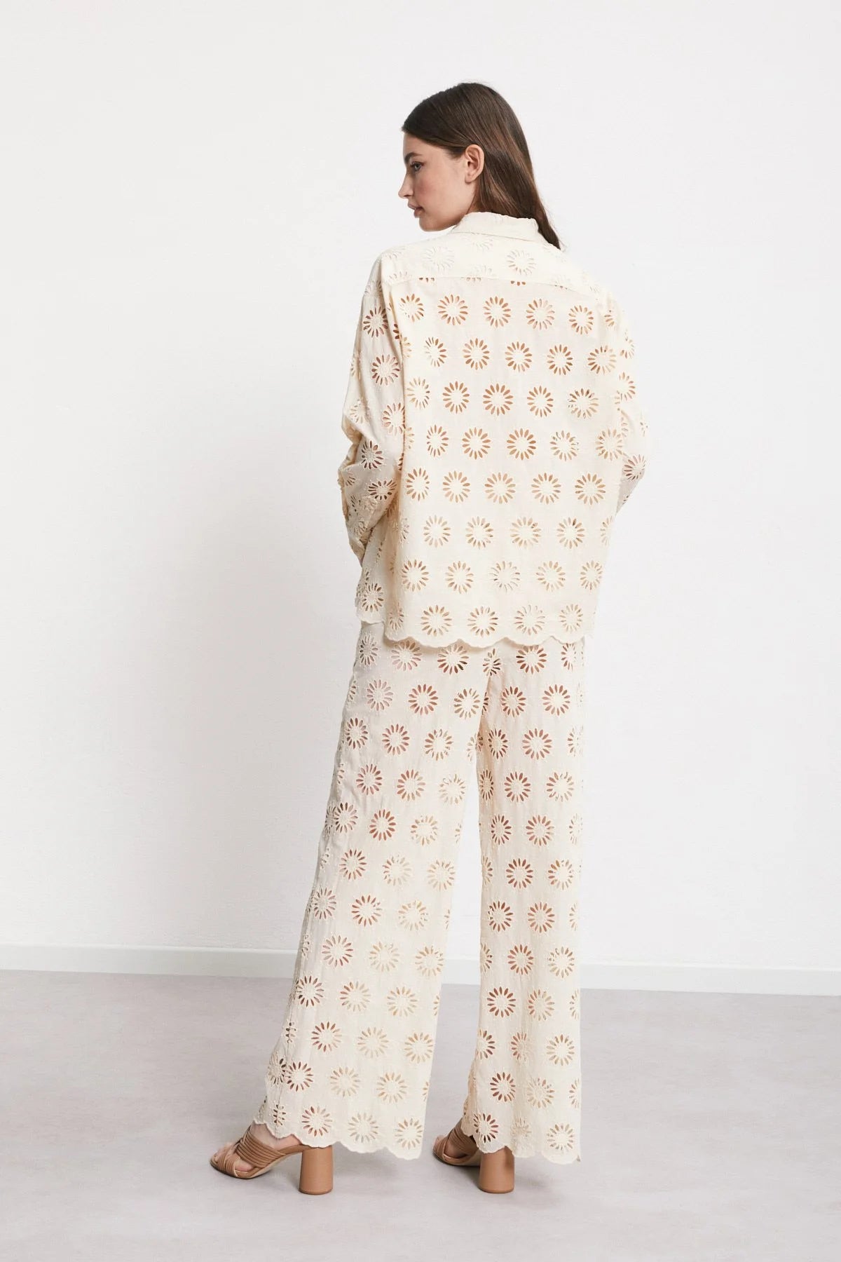 Cotton Cutwork Embroidered Wide-Leg Pants