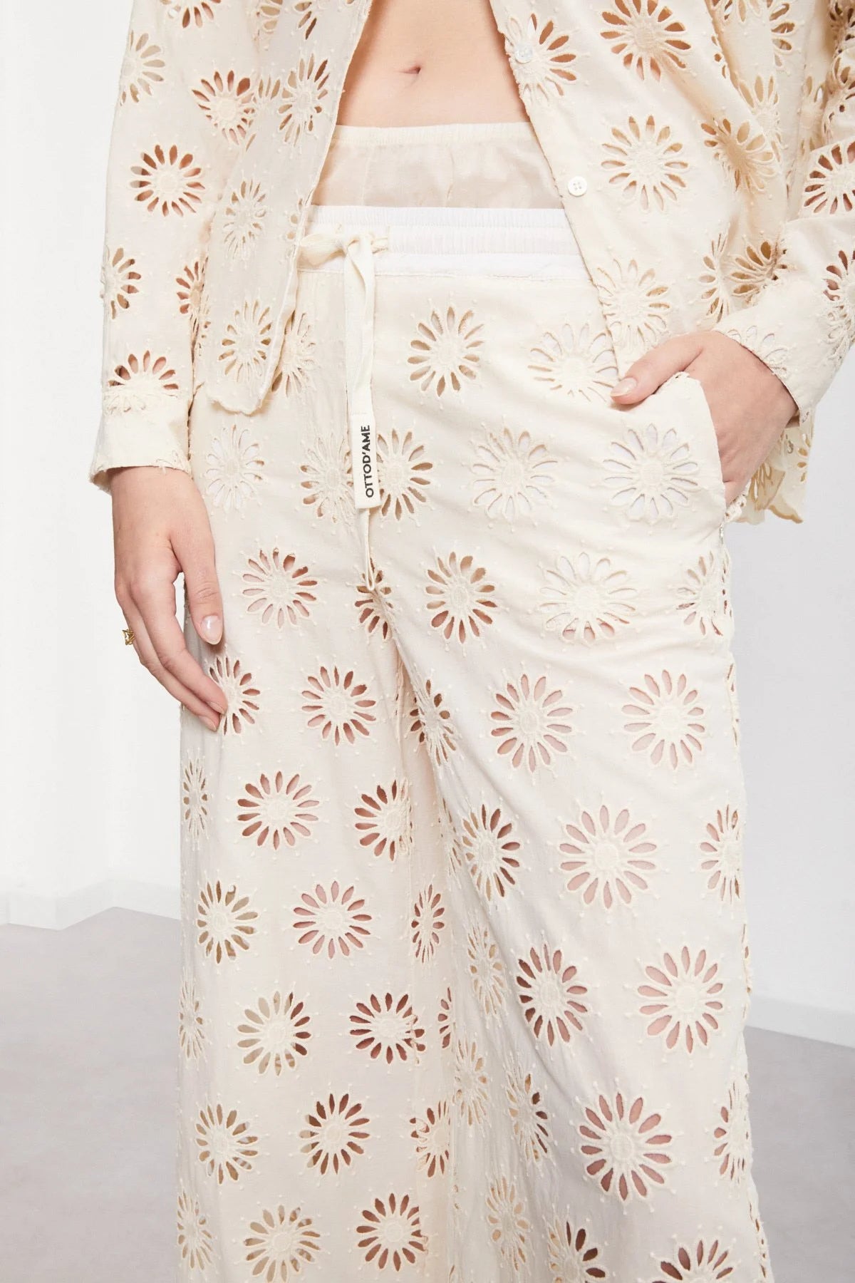 Cotton Cutwork Embroidered Wide-Leg Pants
