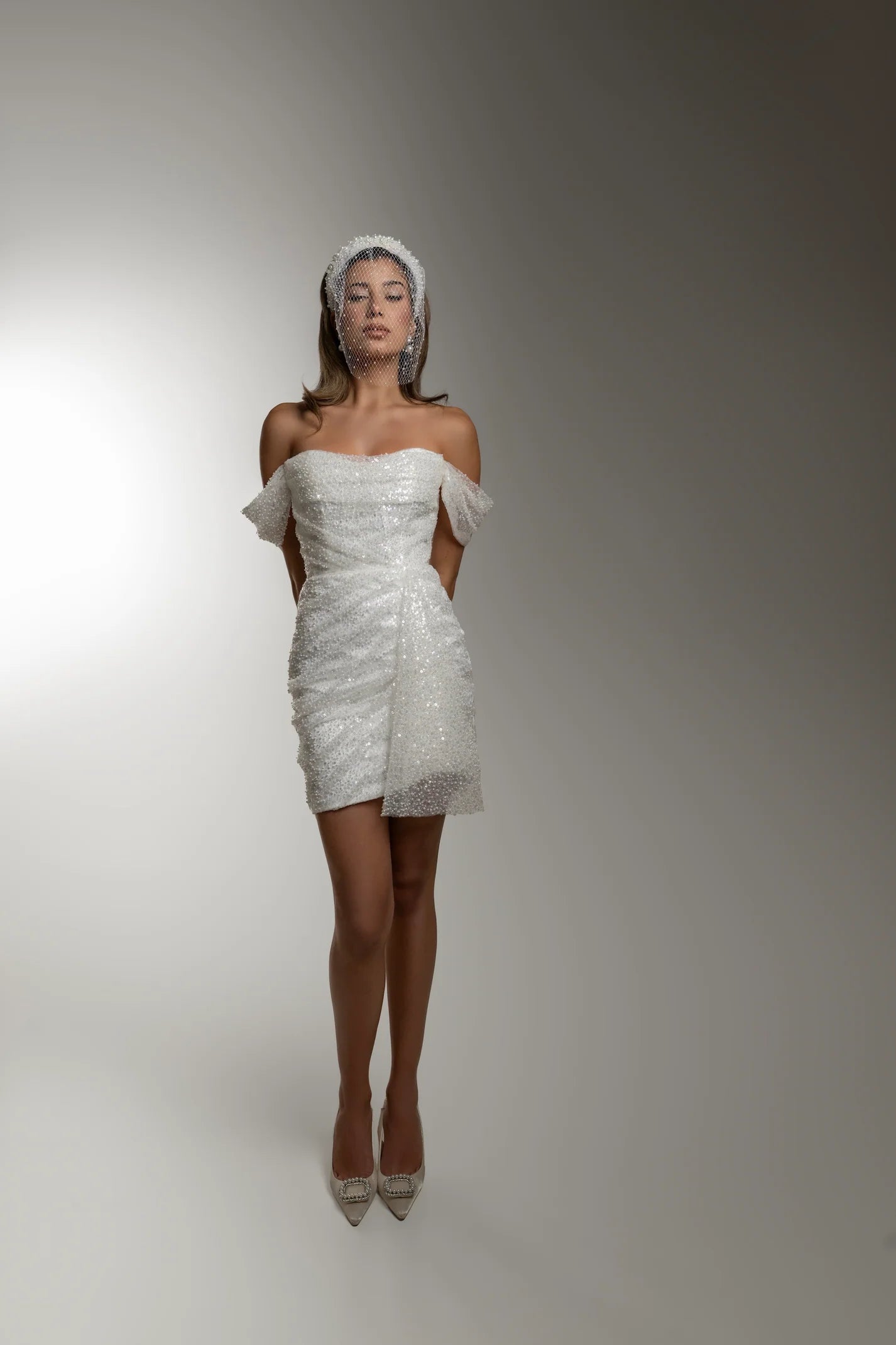 Modern bridal mini dress ivory textured fabric civil wedding outfit Sophiel