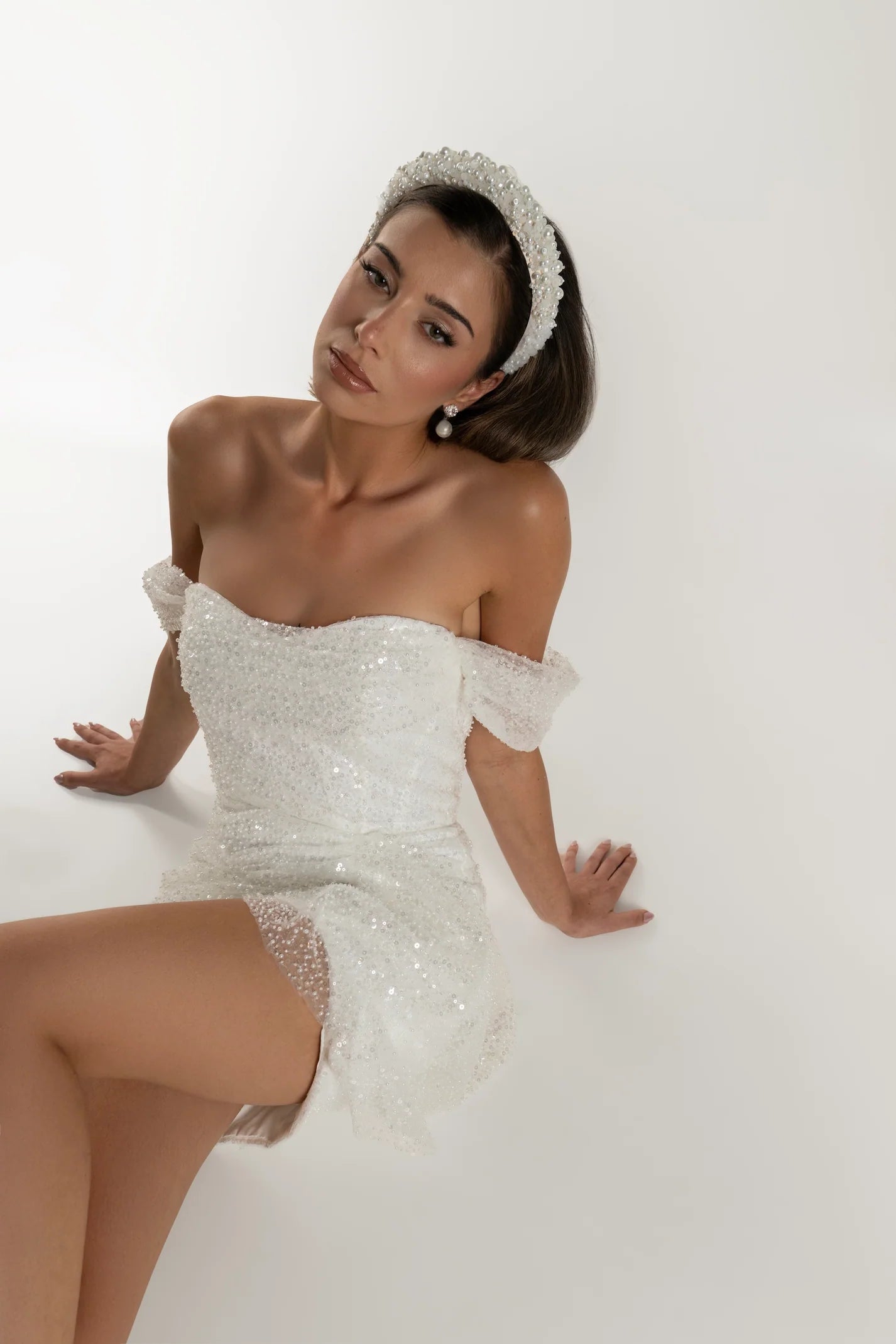 Modern bridal mini dress white sequin  fabric civil wedding outfit Sophiel