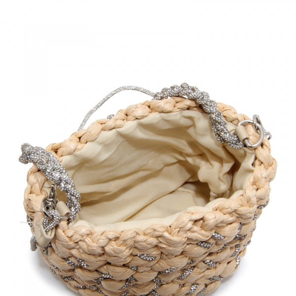 Braided Raffia Mini Bucket Bag with Metallic Detail