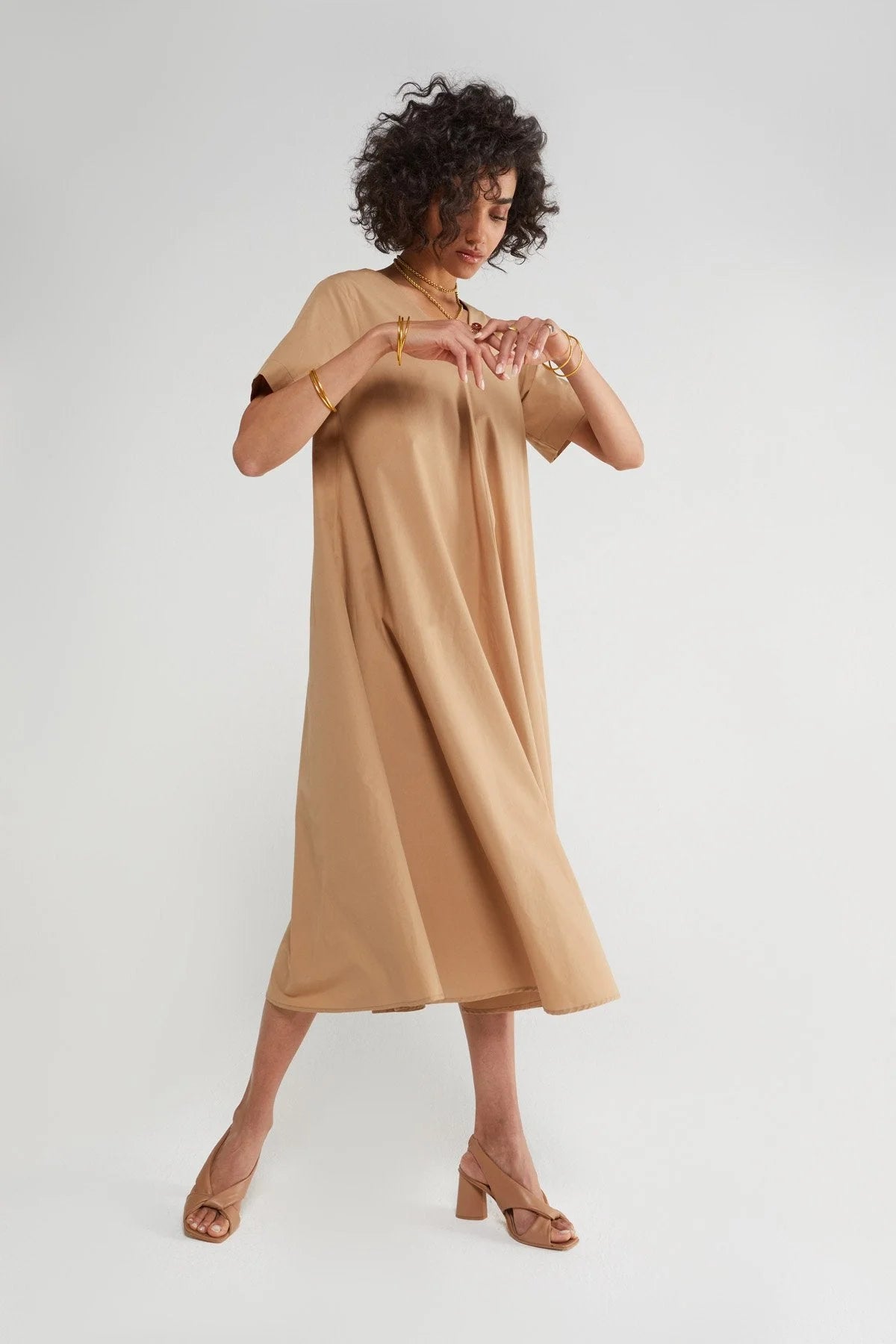 Poplin V-Neck Midi Dress