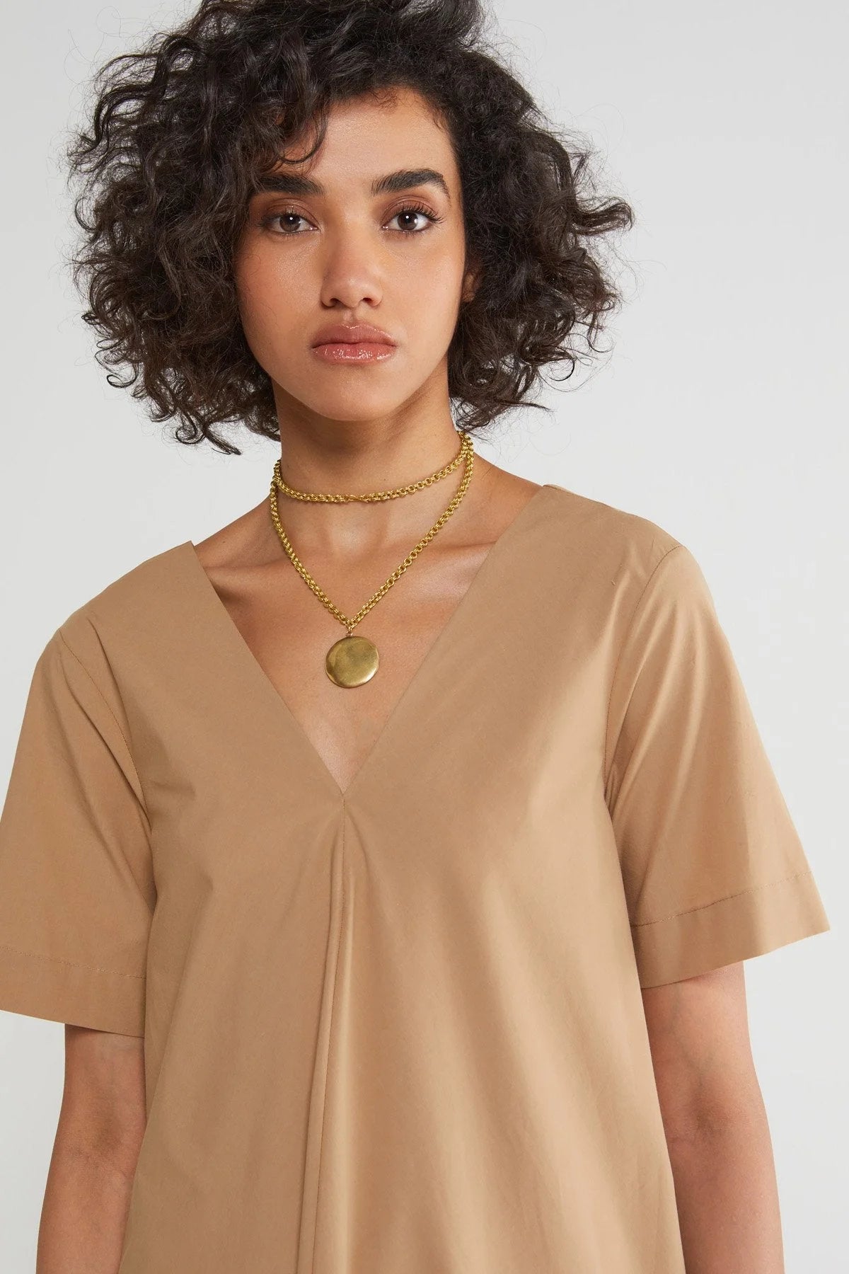 Poplin V-Neck Midi Dress