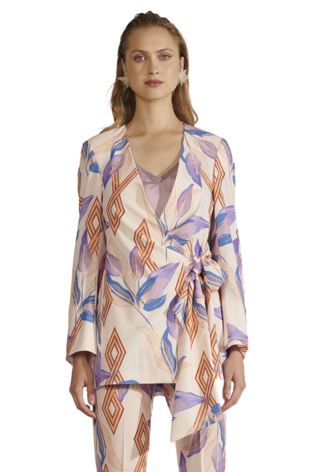 Printed Wrap Suit with Flared Pants