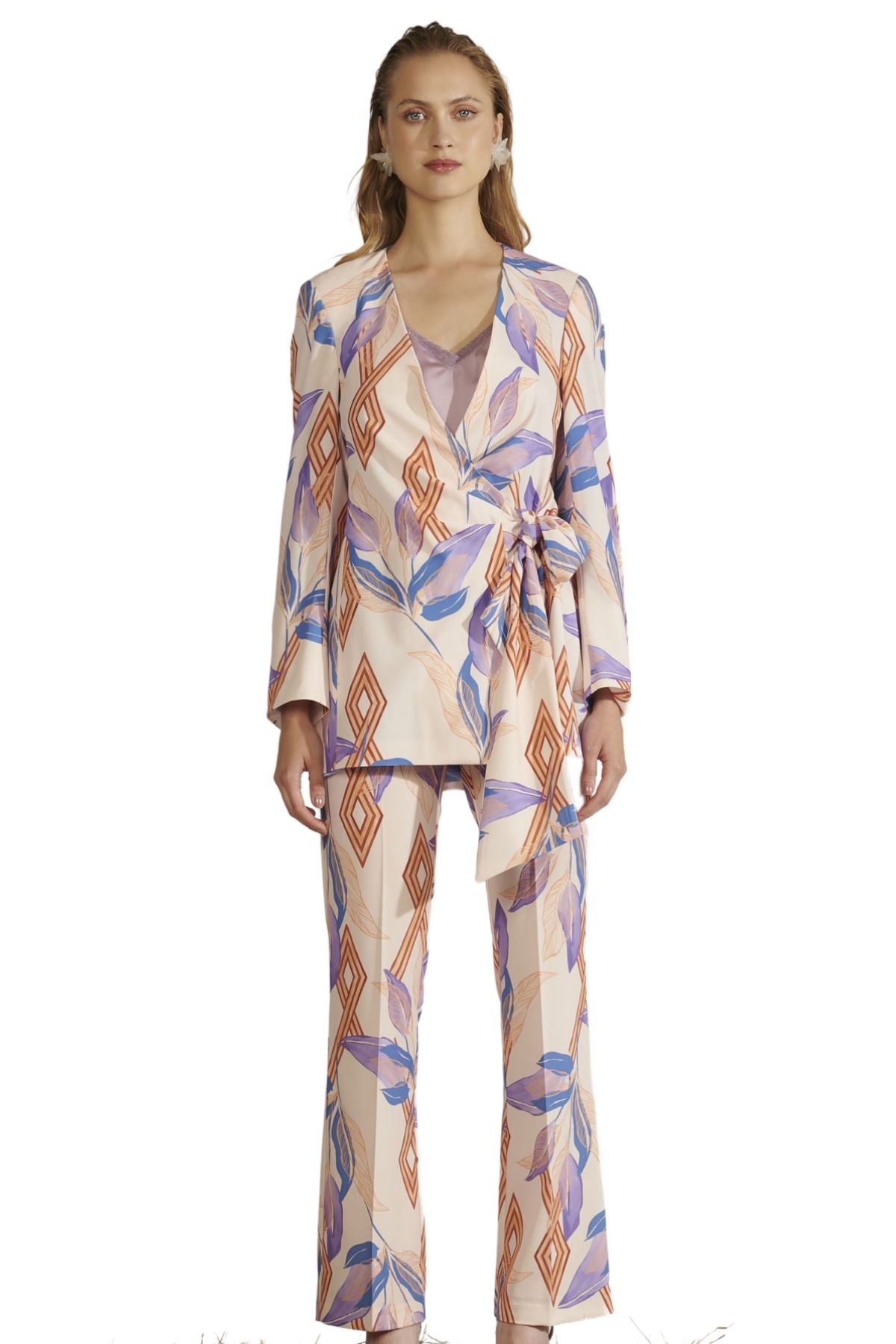 Printed Wrap Suit with Flared Pants