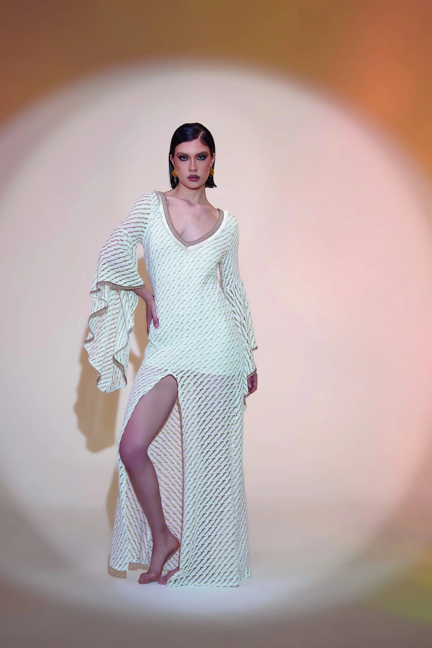 Knit Maxi Dress with Flared Sleeves & Thigh Slit