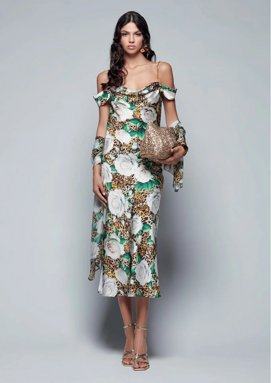 elegant floral satin evening dress