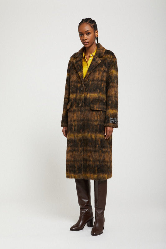 Ottod'Ame brown and mustard plaid wool-blend midi coat, front view.