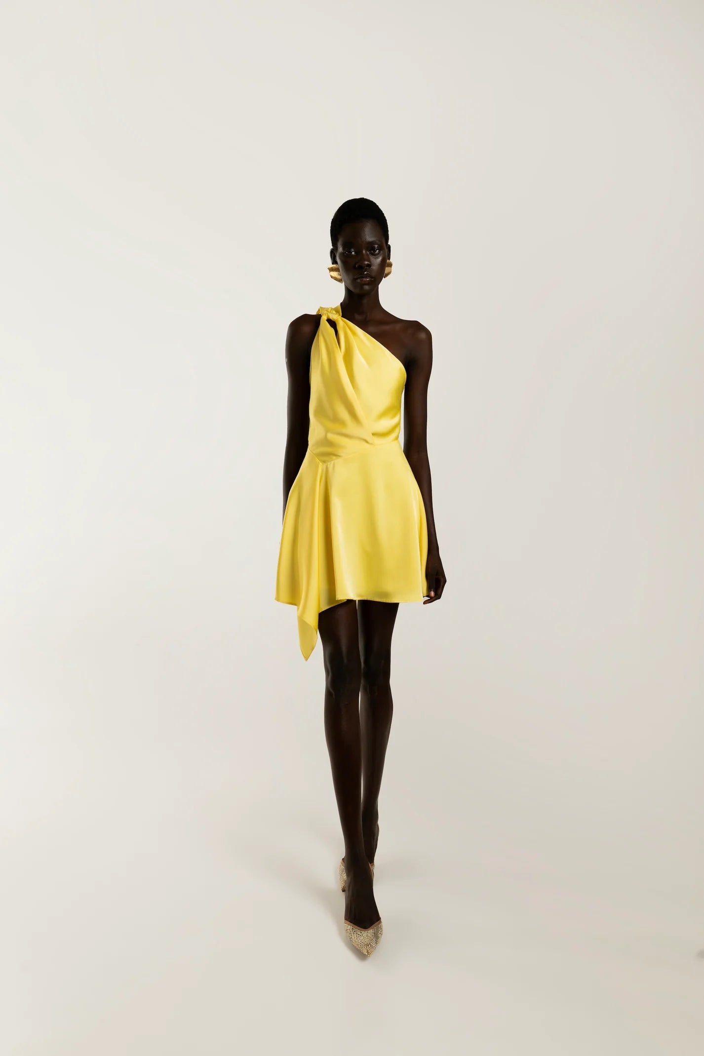 yellow one shoulder mini dress front view sophiel