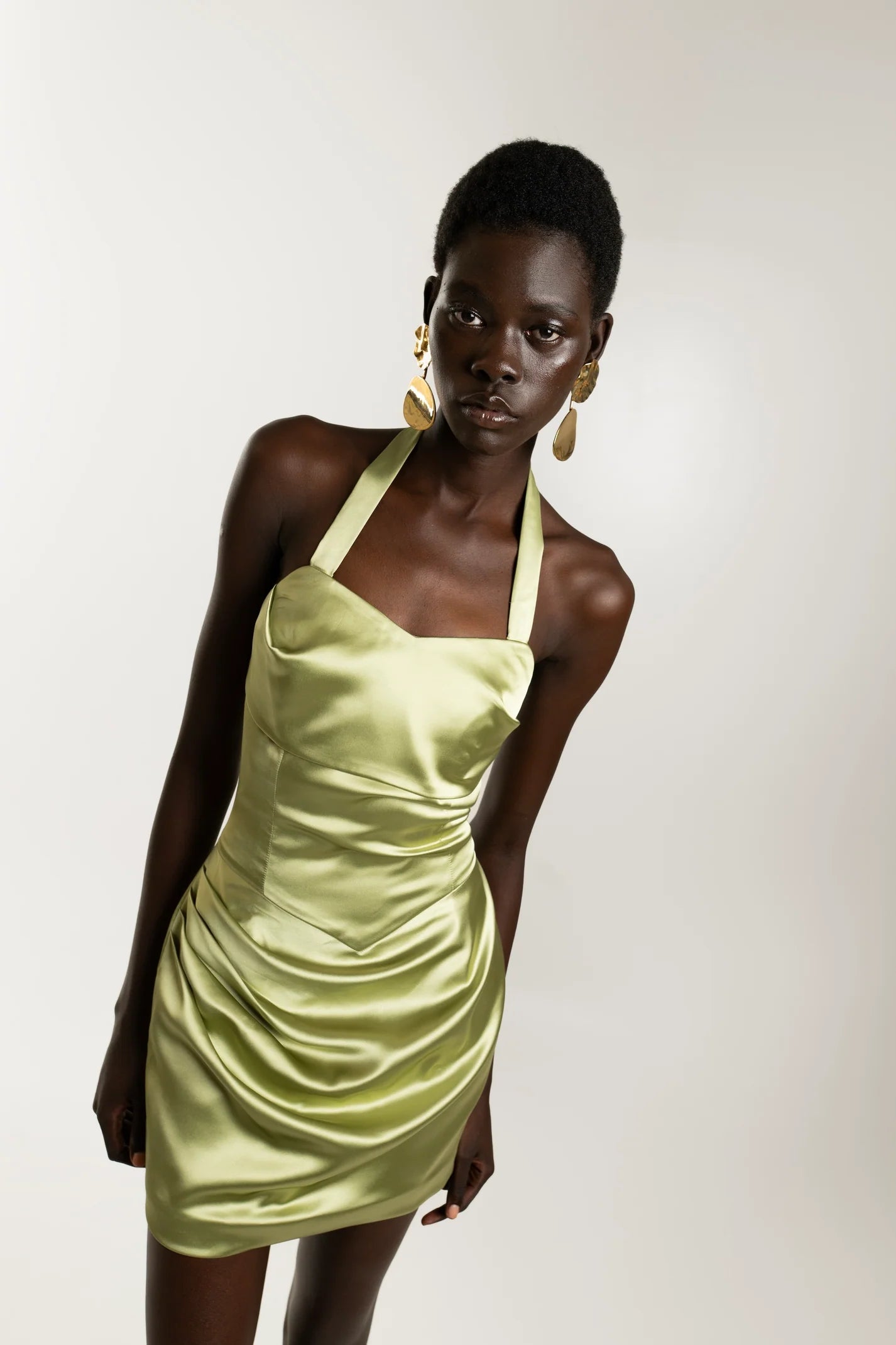 olivesatin halter mini dress front view sophiel
