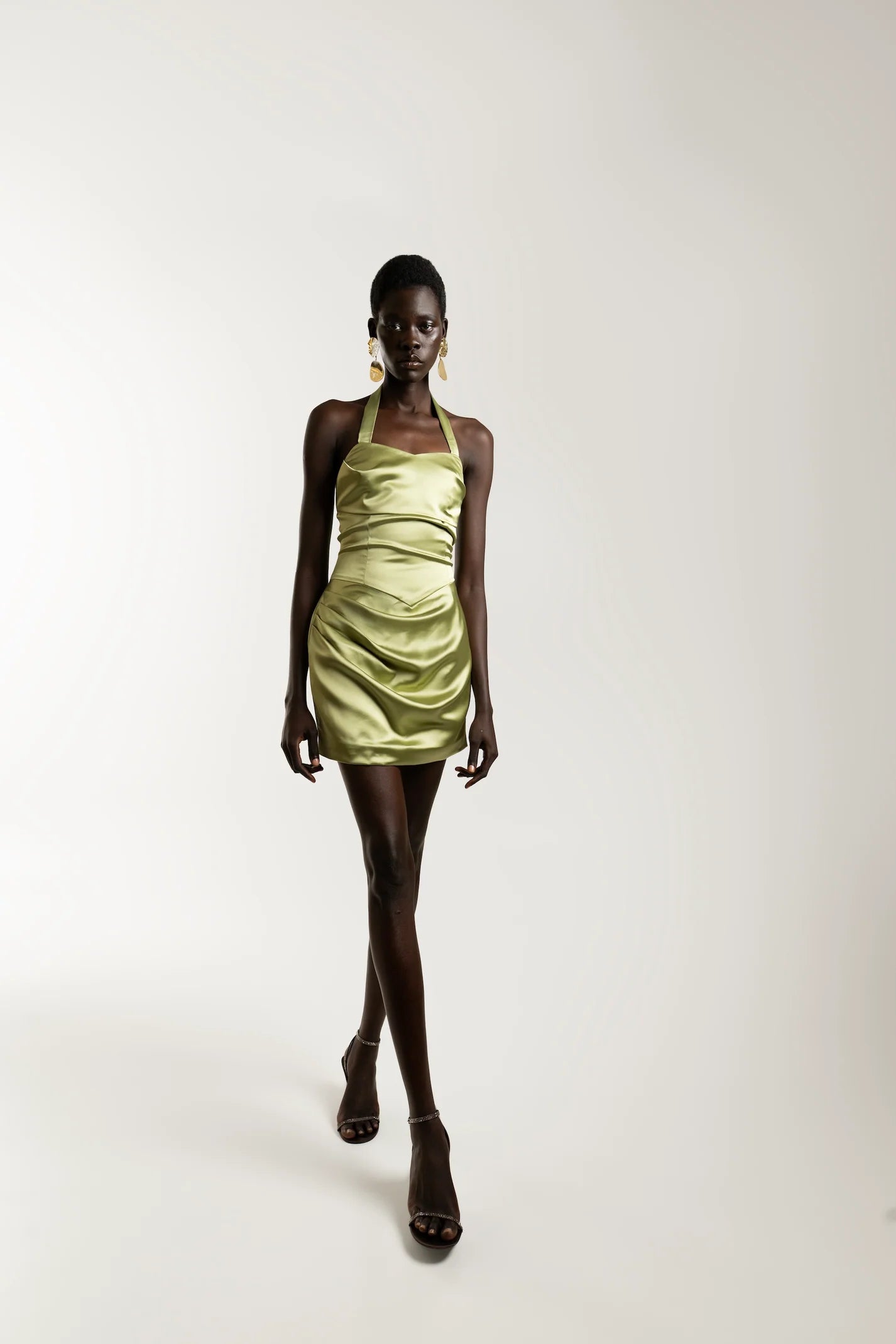 green satin mini dress ruched detail sophiel