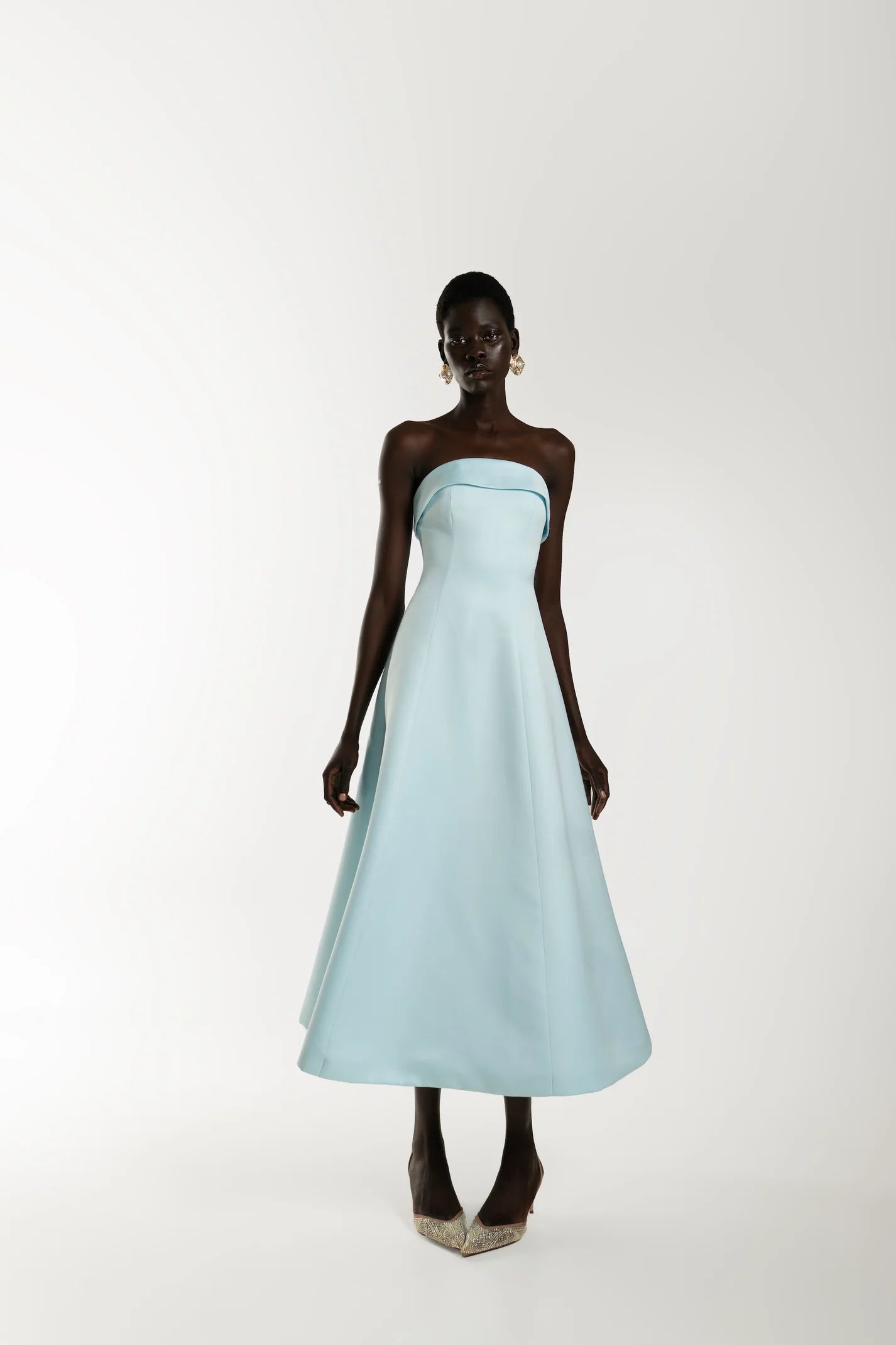 Baby blue strapless midi dress with structured bodice and A-line skirt