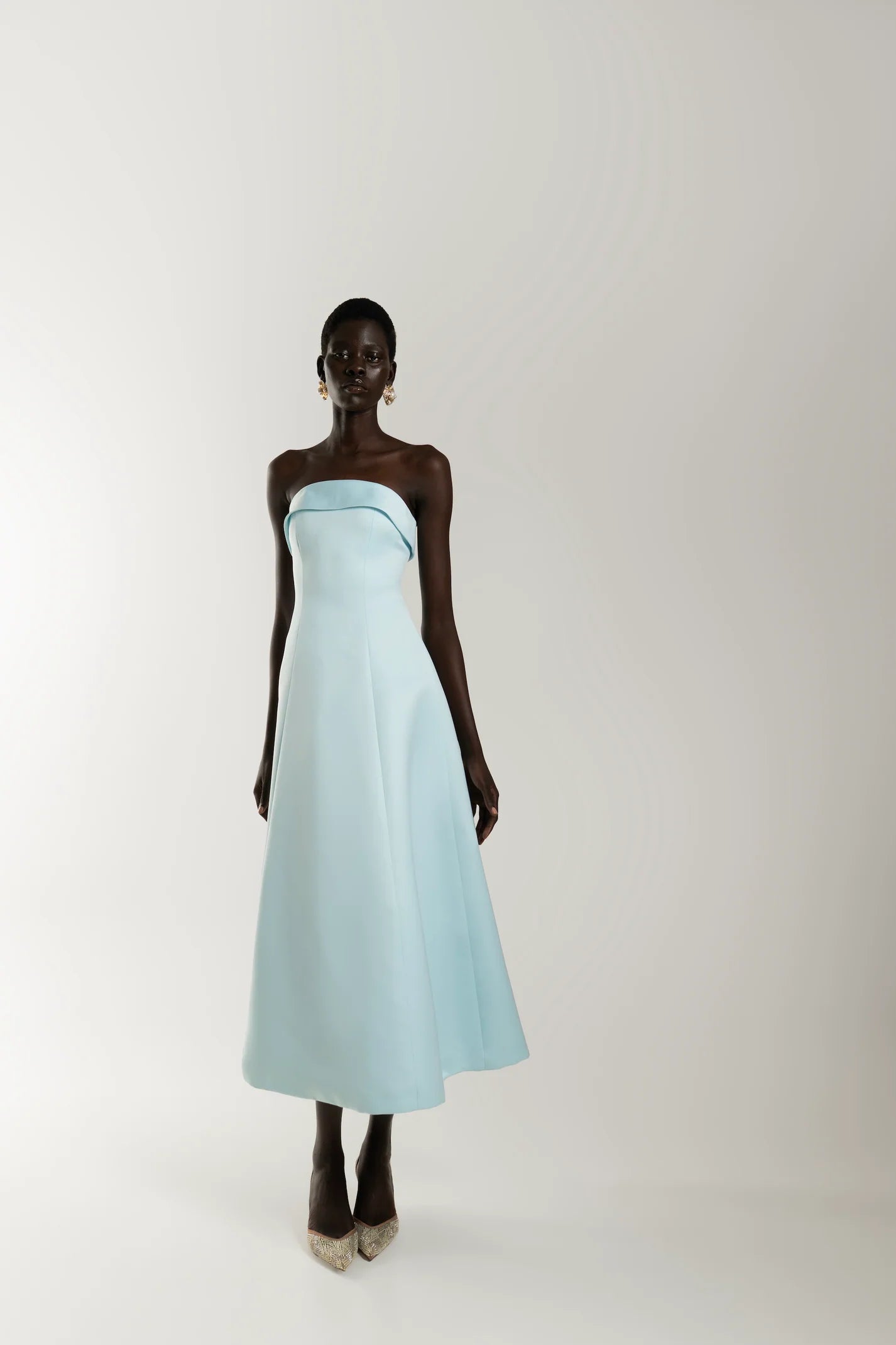 NOOR Baby Blue Midi Dress | Elegant Strapless A-Line Dress