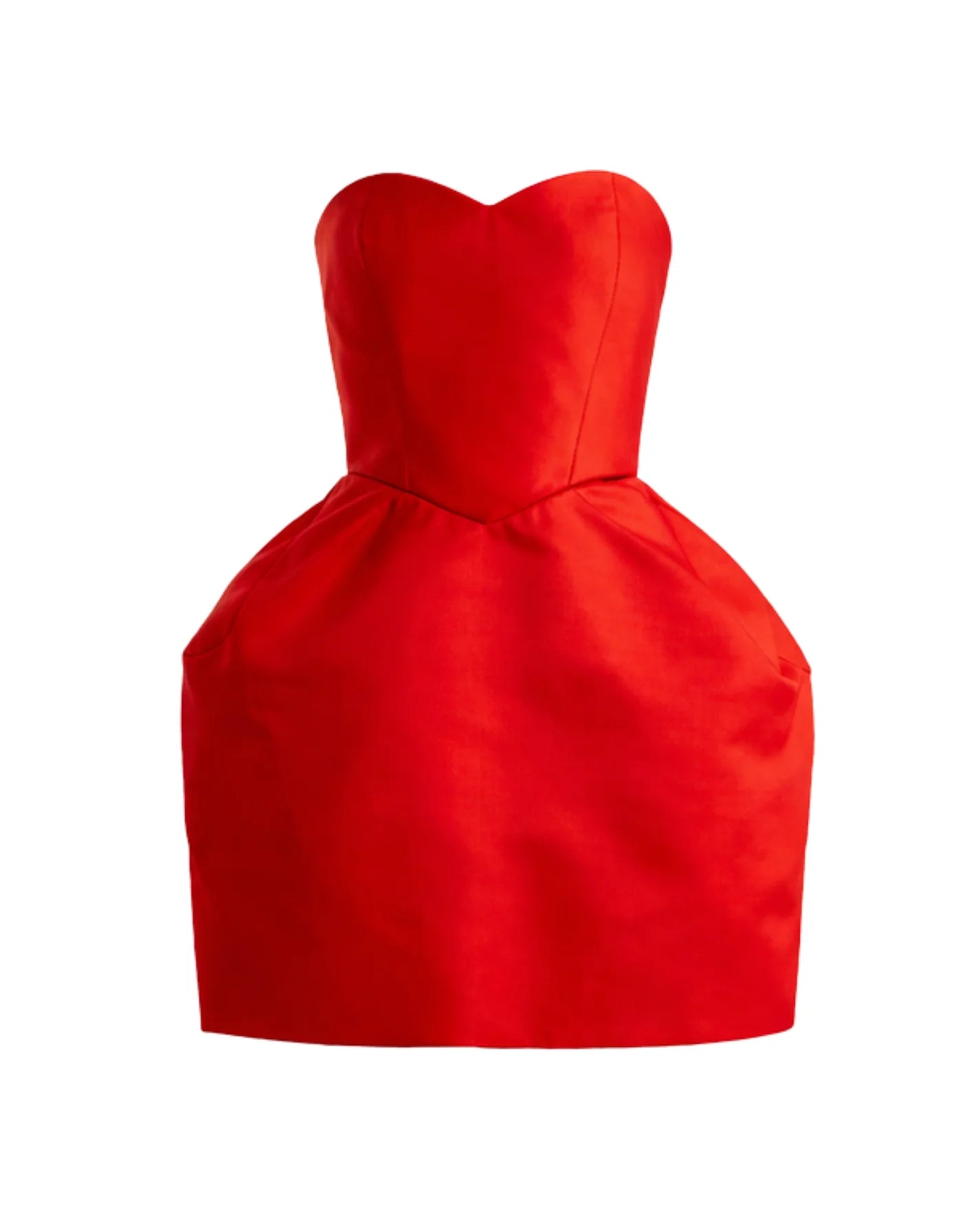 Red strapless mini dress with structured bodice and sculpted skirt. SOPHiEL