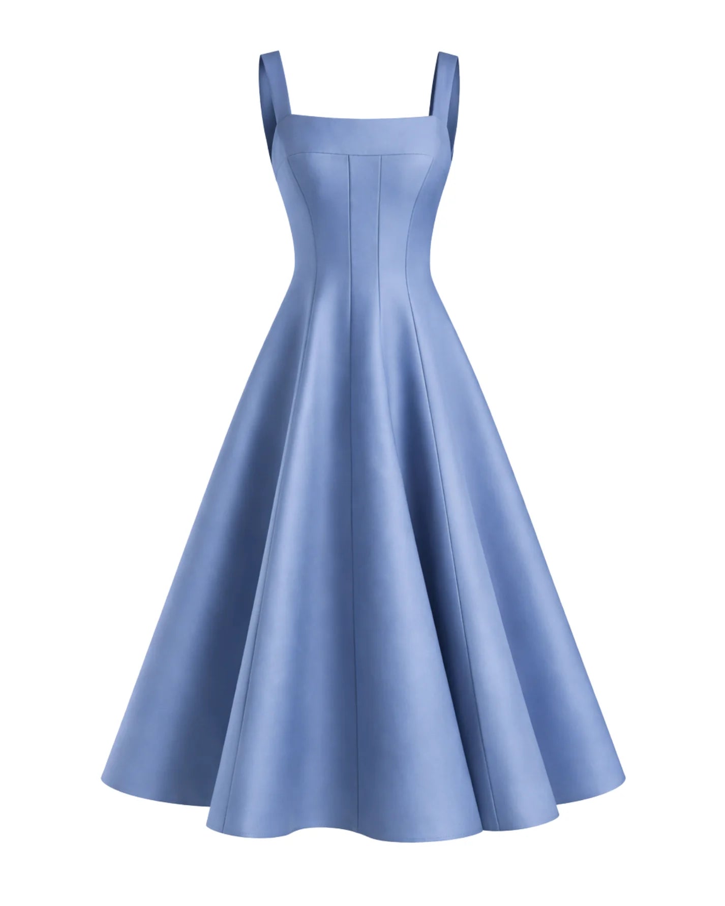Blue midi dress with structured bodice and A-line flared skirt, elegant silhouette. Sophiel