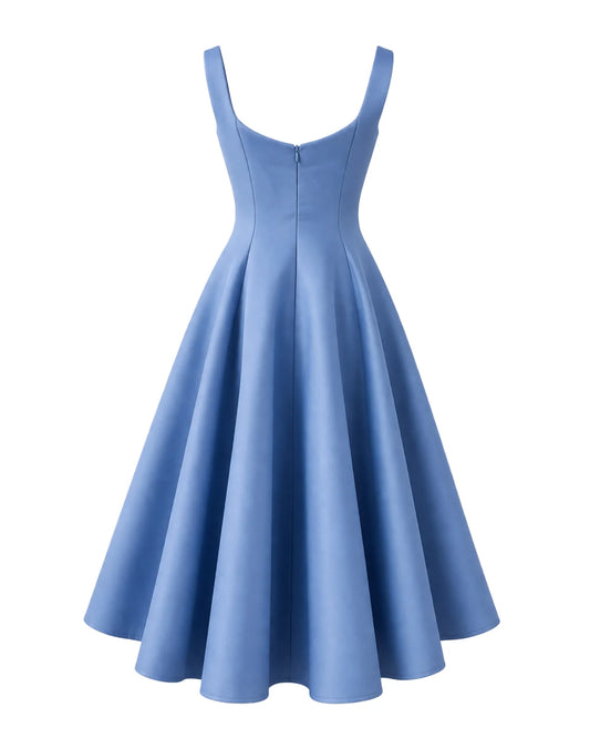 Back view of blue midi A-line dress with wide straps and fitted waist. Sophiel