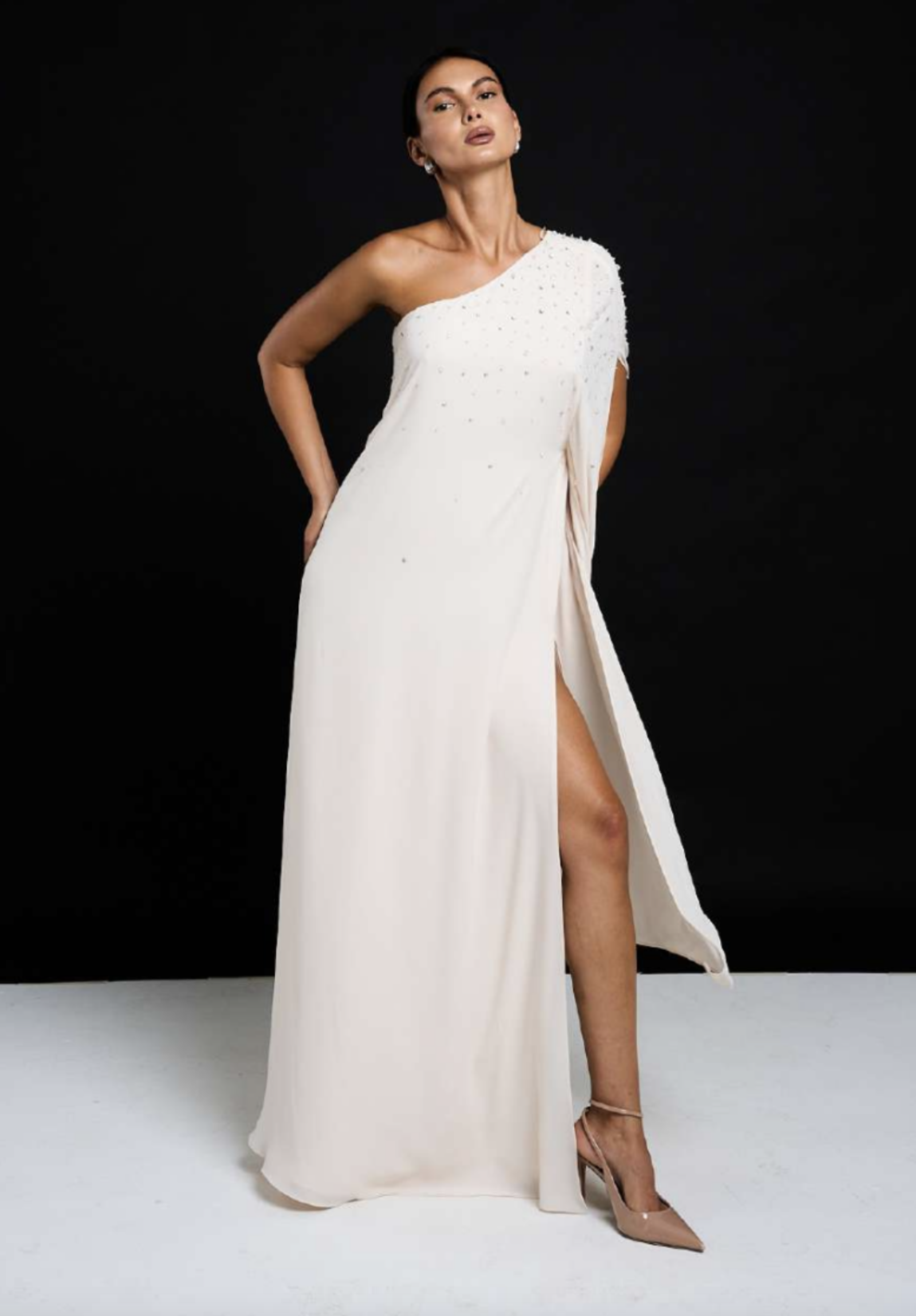 Ivory One-Shoulder Draped Maxi Dress